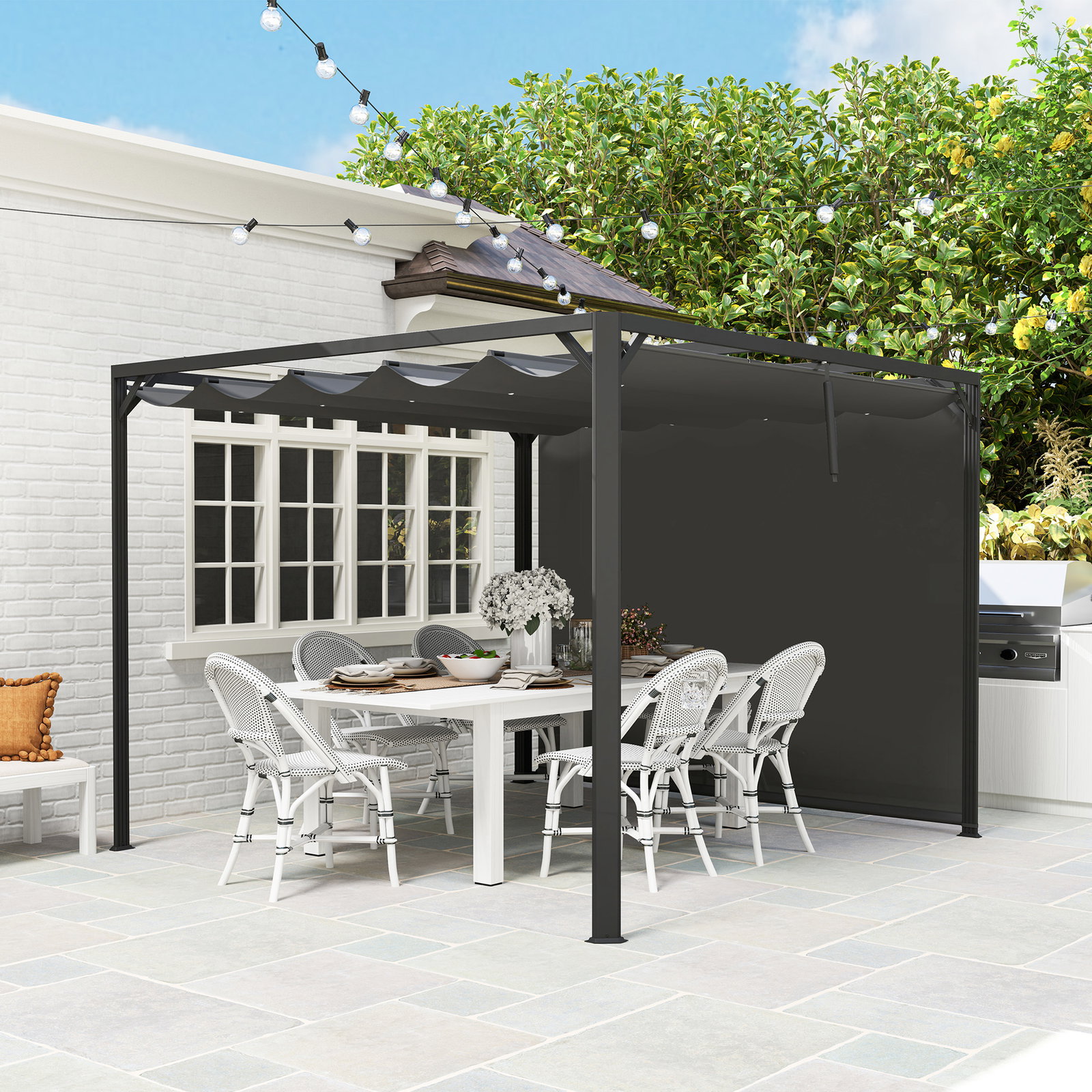 Pérgola de jardim de alumínio 3x3 m com teto retrátil e lateral enrolável upf30+ pérgola para exterior cinzento