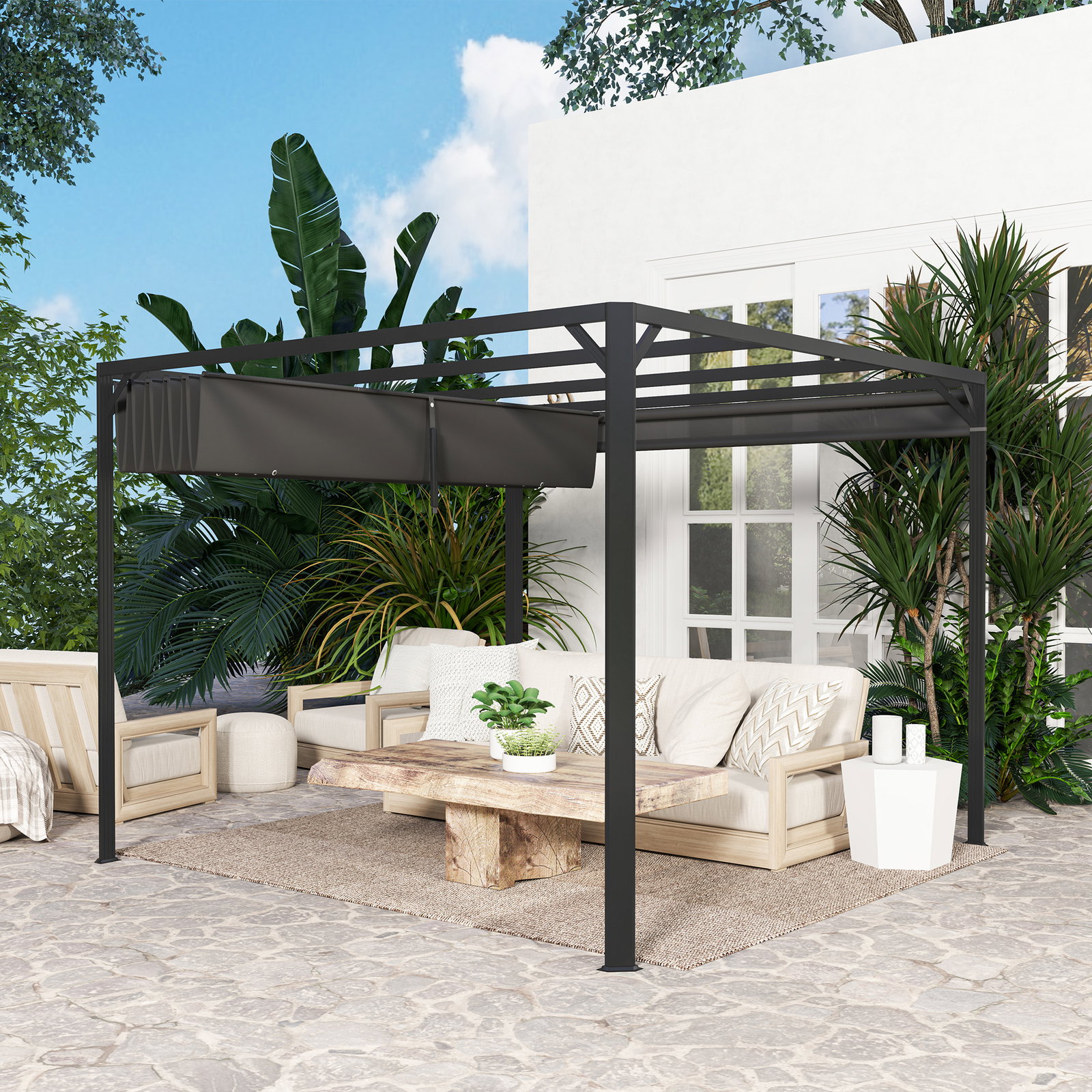 Pérgola de jardim de alumínio 3x3 m com teto retrátil e lateral enrolável upf30+ pérgola para exterior cinzento