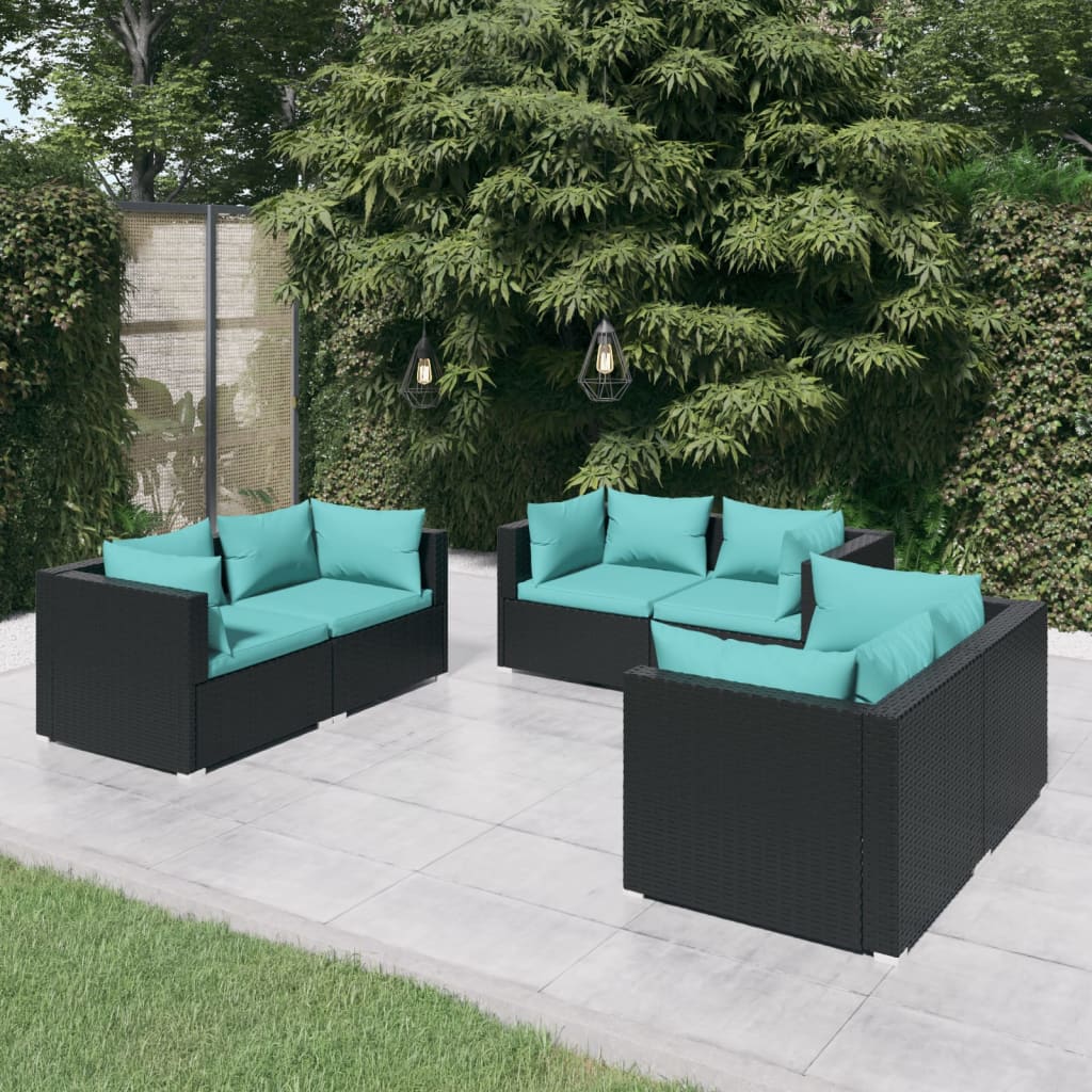 6 Pcs conjunto lounge de jardim c/ almofadões vime PE preto