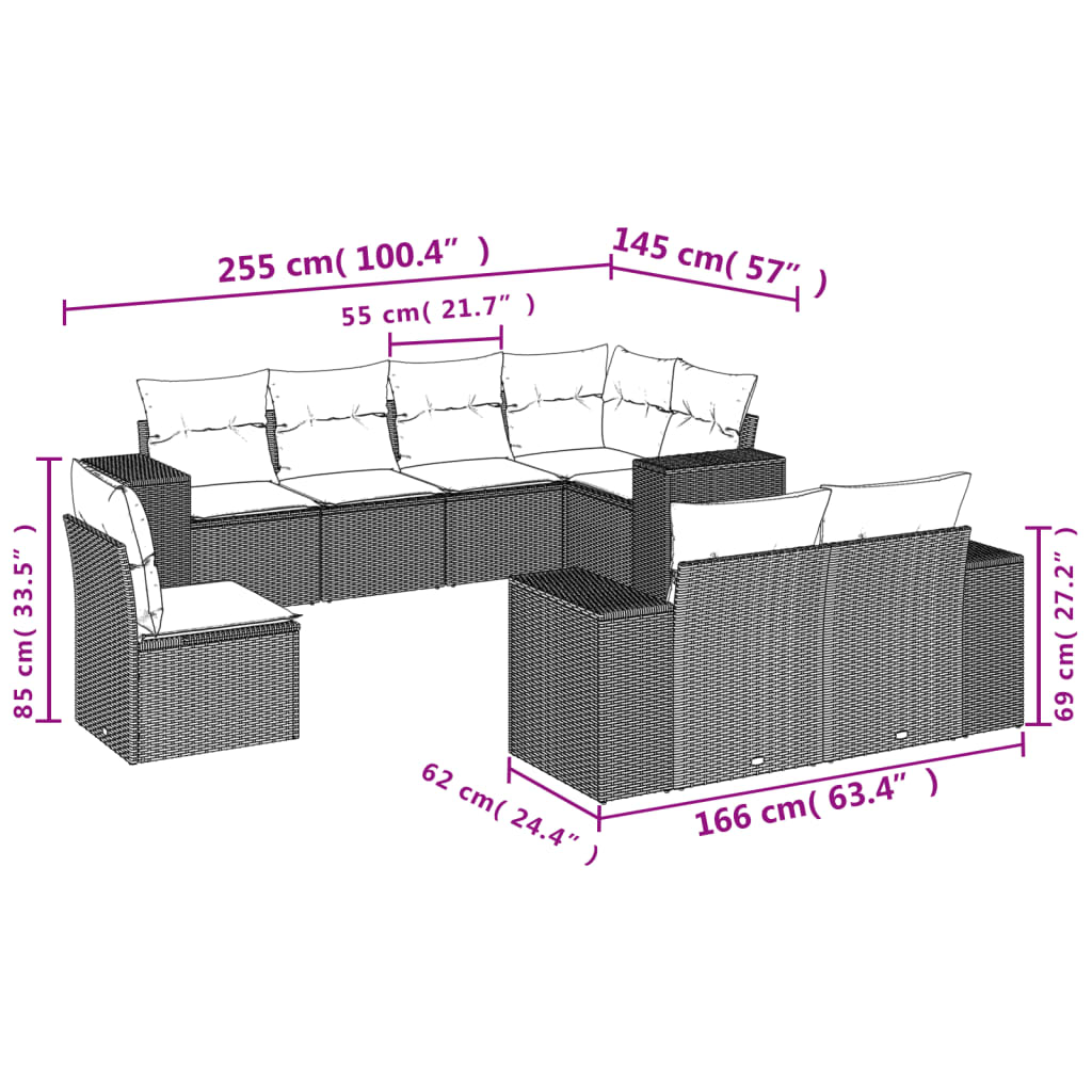 8 Pcs conjunto sofás de jardim c/ almofadões vime PE cinzento
