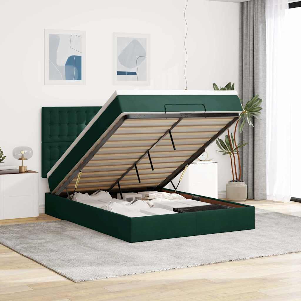 Estrutura de cama otomana com colchão verde escuro veludo