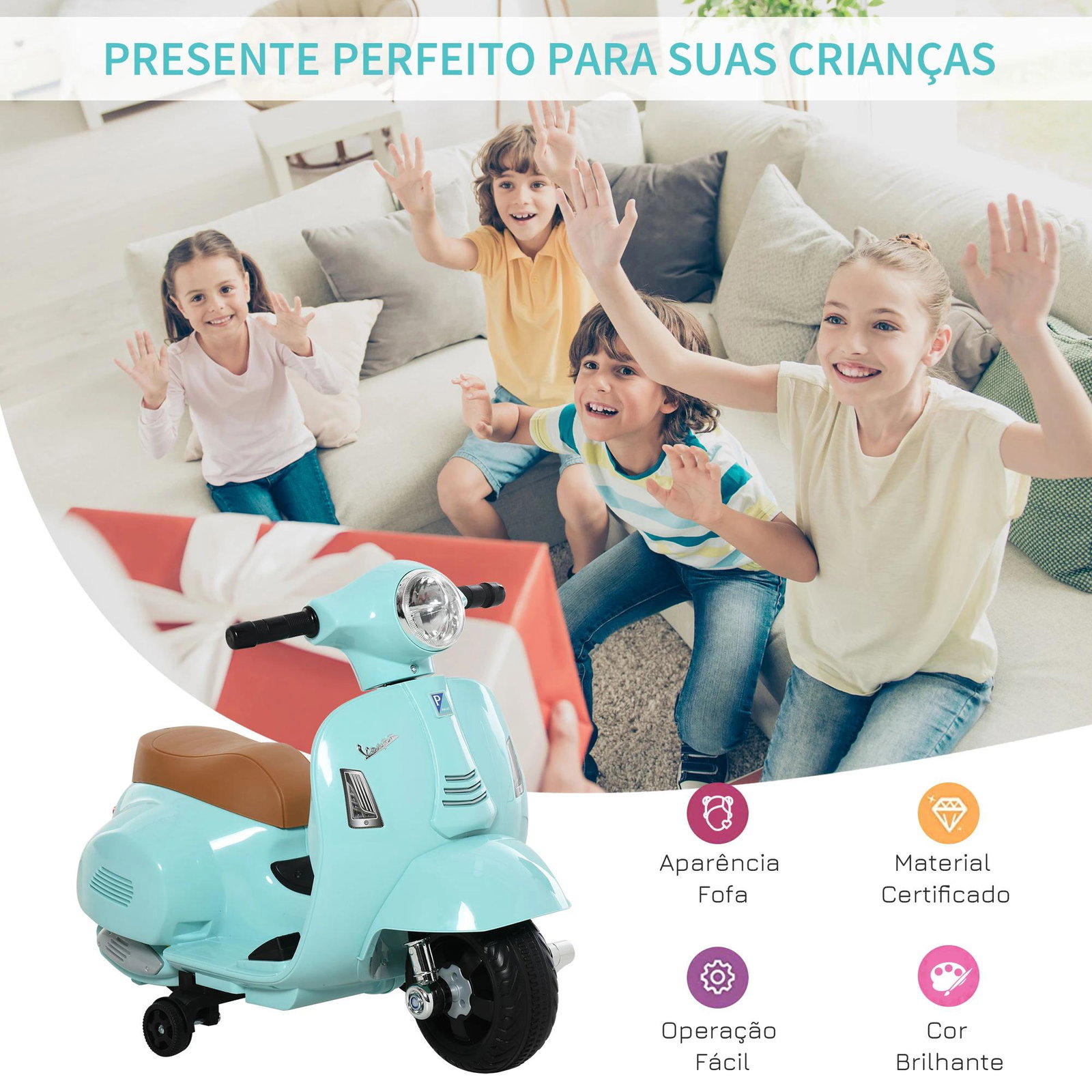 Mota elétrica para crianças acima de 18 meses com licença faróis buzina e 4 rodas 66,5x38x52 cm verde