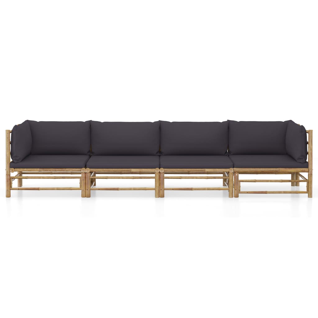 4 Pcs conj. lounge jardim em bambu c/ almofadões cinza-escuro