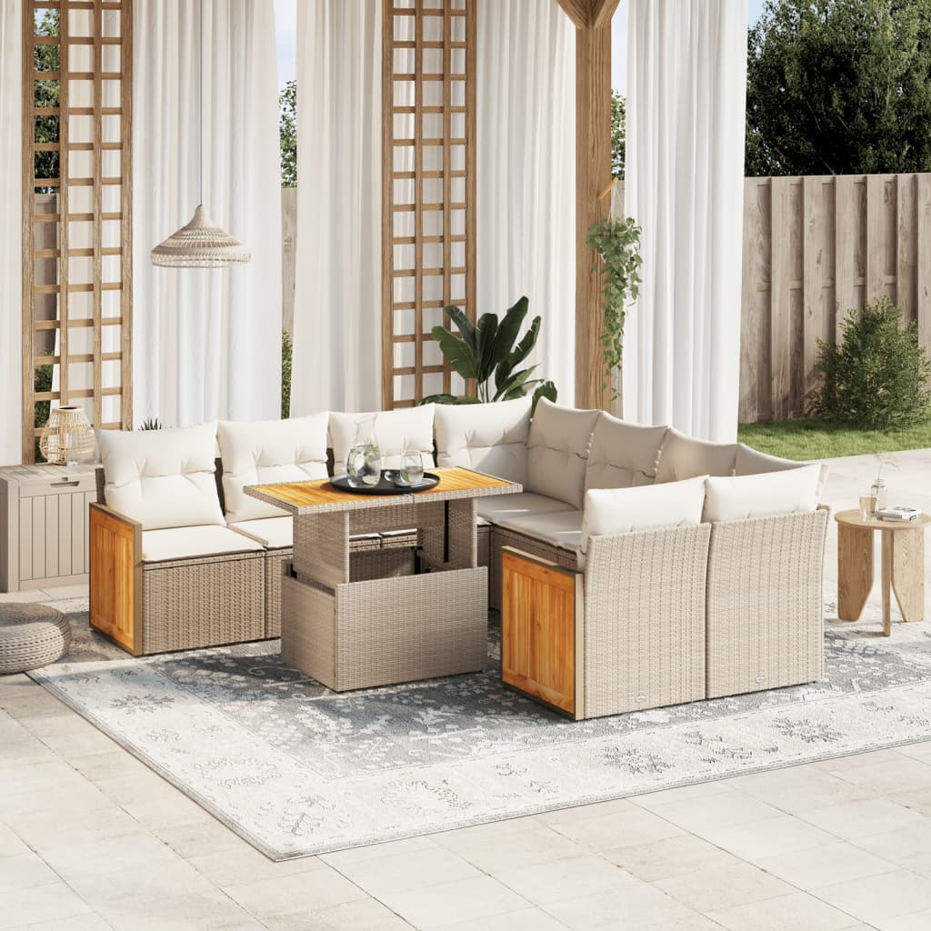 9 Pcs conjunto de sofás p/ jardim com almofadões vime PE bege