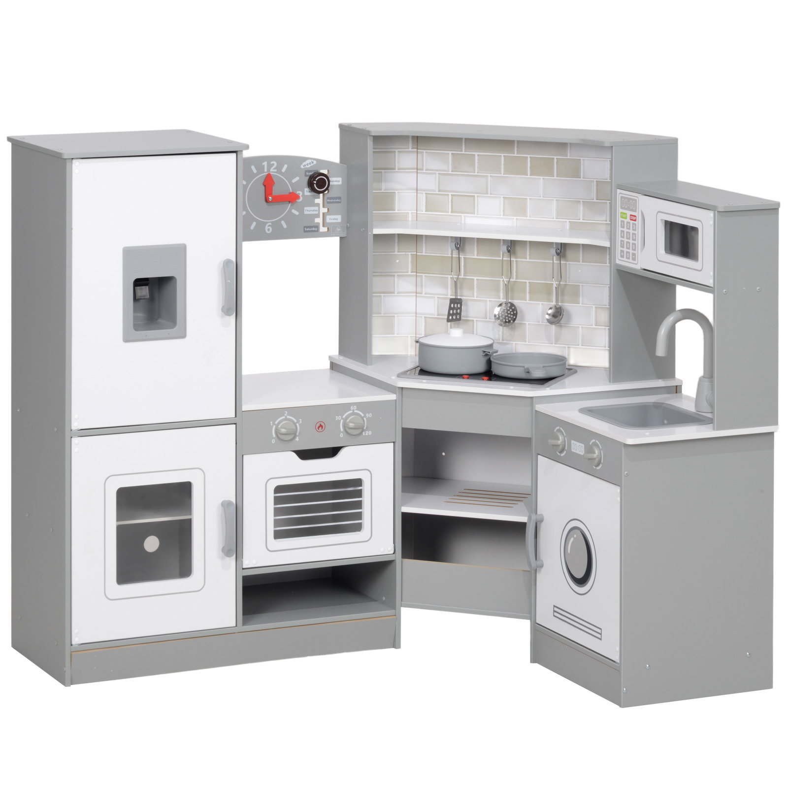 Cozinha de madeira para crianças com sons forno lavatório micro-ondas máquina de gelo e acessórios 110x80x91 cm cinza