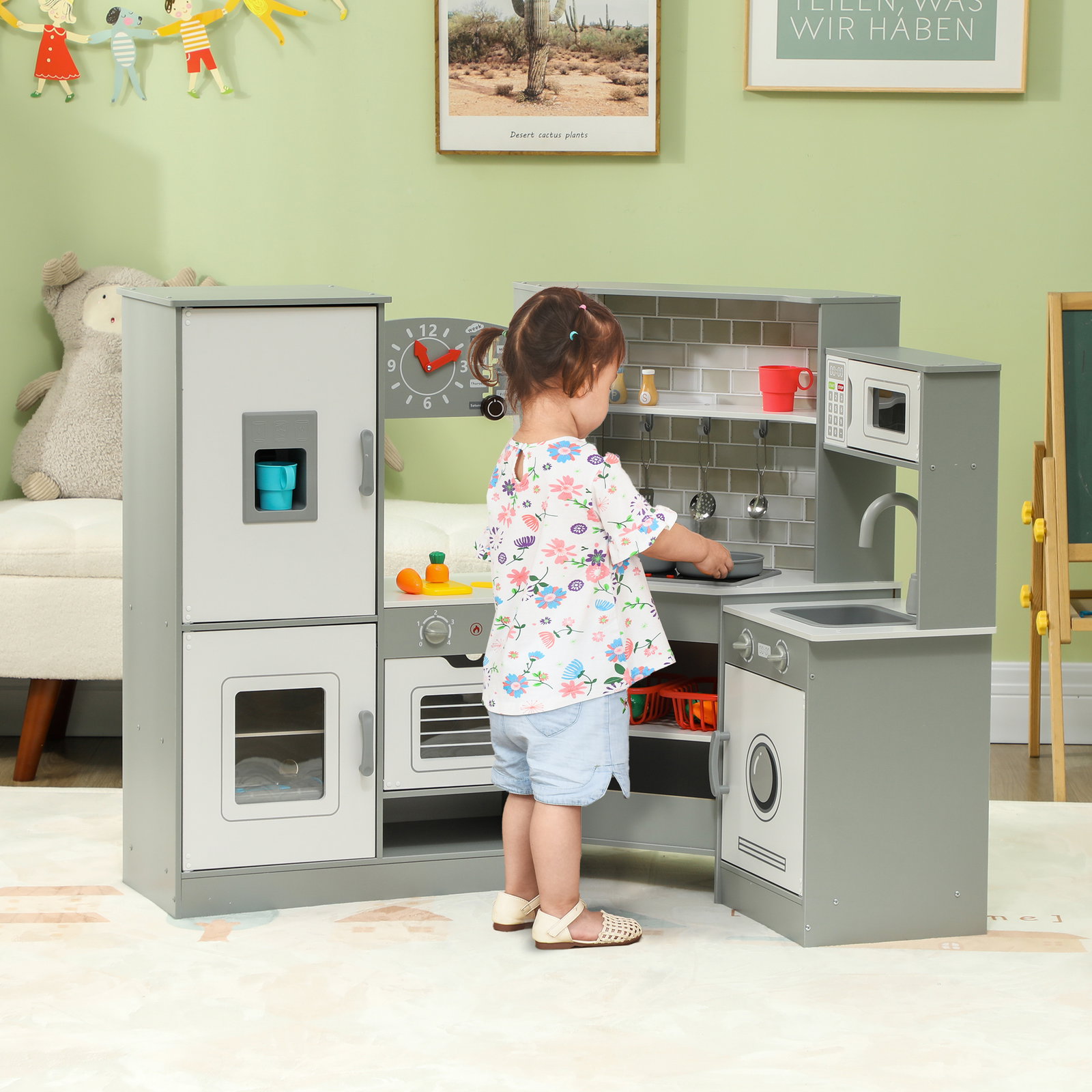 Cozinha de madeira para crianças com sons forno lavatório micro-ondas máquina de gelo e acessórios 110x80x91 cm cinza