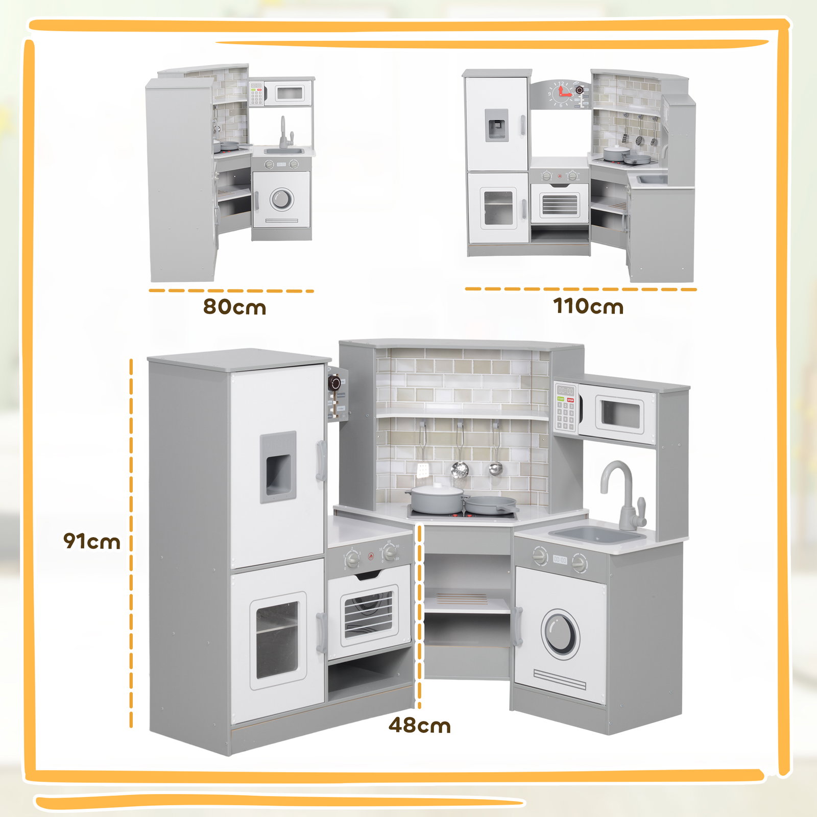 Cozinha de madeira para crianças com sons forno lavatório micro-ondas máquina de gelo e acessórios 110x80x91 cm cinza