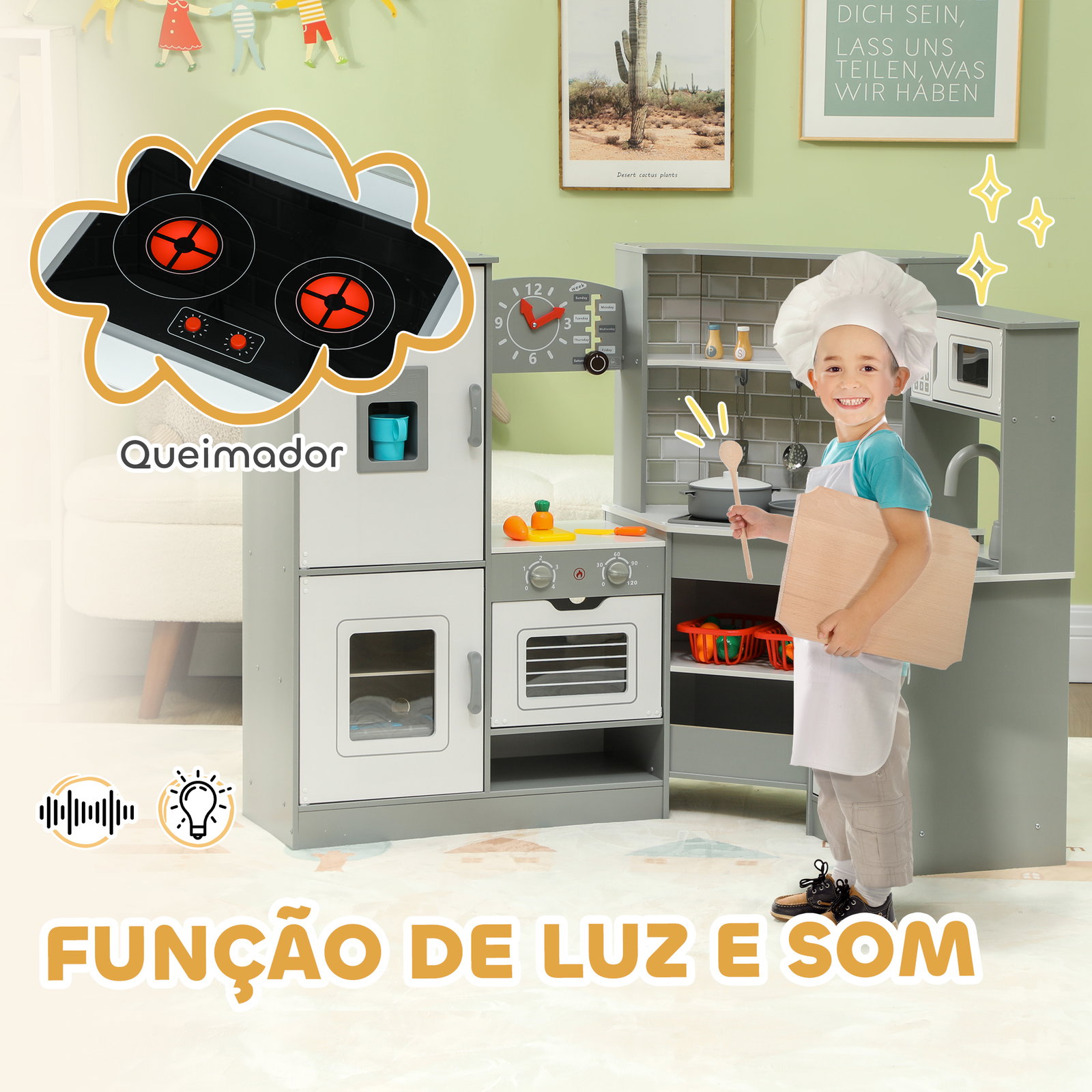 Cozinha de madeira para crianças com sons forno lavatório micro-ondas máquina de gelo e acessórios 110x80x91 cm cinza