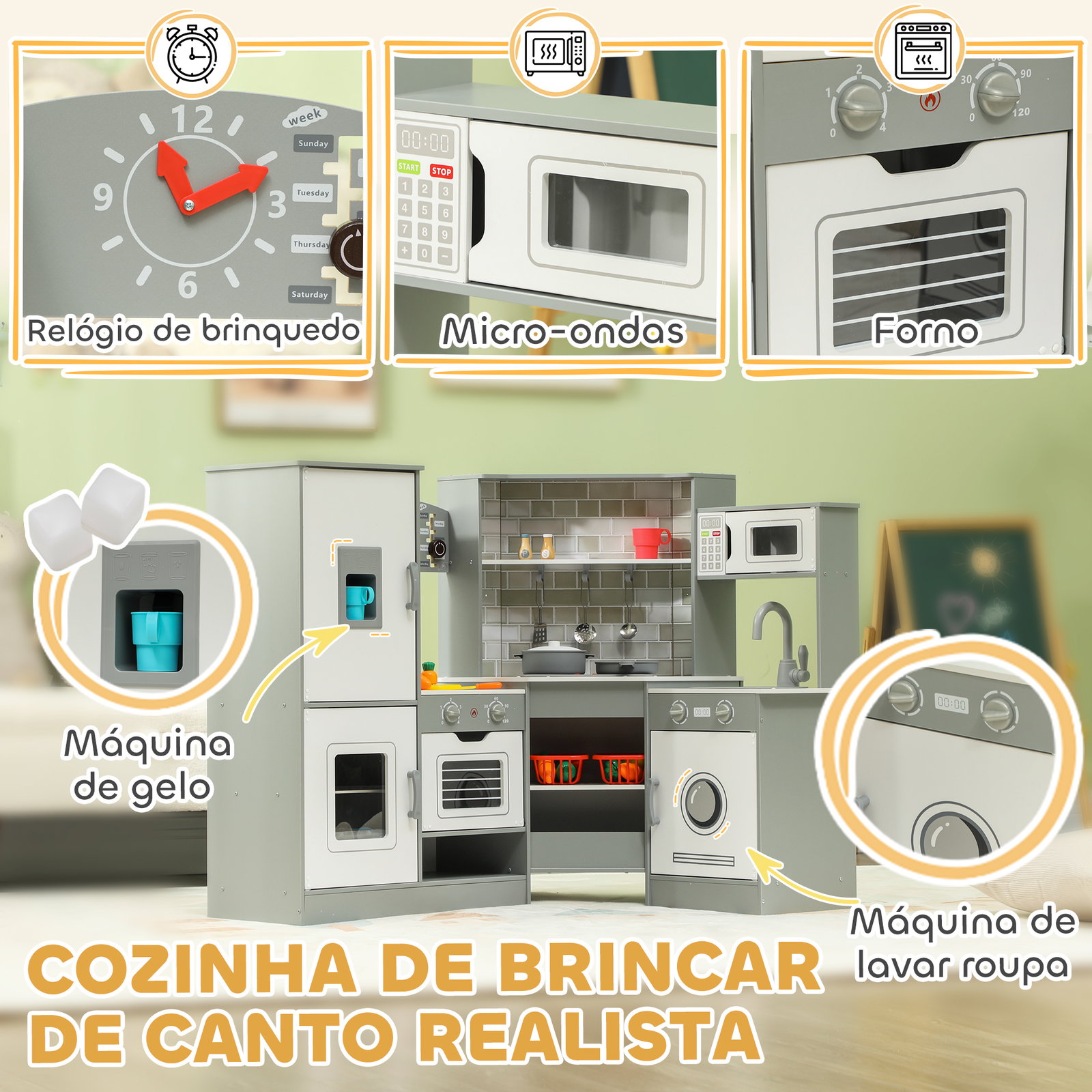 Cozinha de madeira para crianças com sons forno lavatório micro-ondas máquina de gelo e acessórios 110x80x91 cm cinza