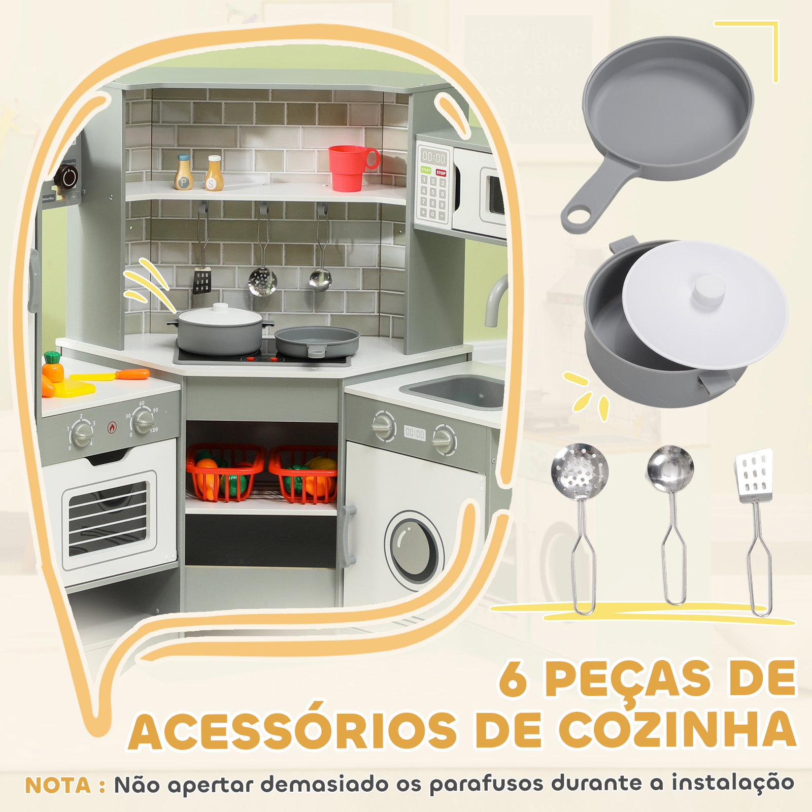 Cozinha de madeira para crianças com sons forno lavatório micro-ondas máquina de gelo e acessórios 110x80x91 cm cinza