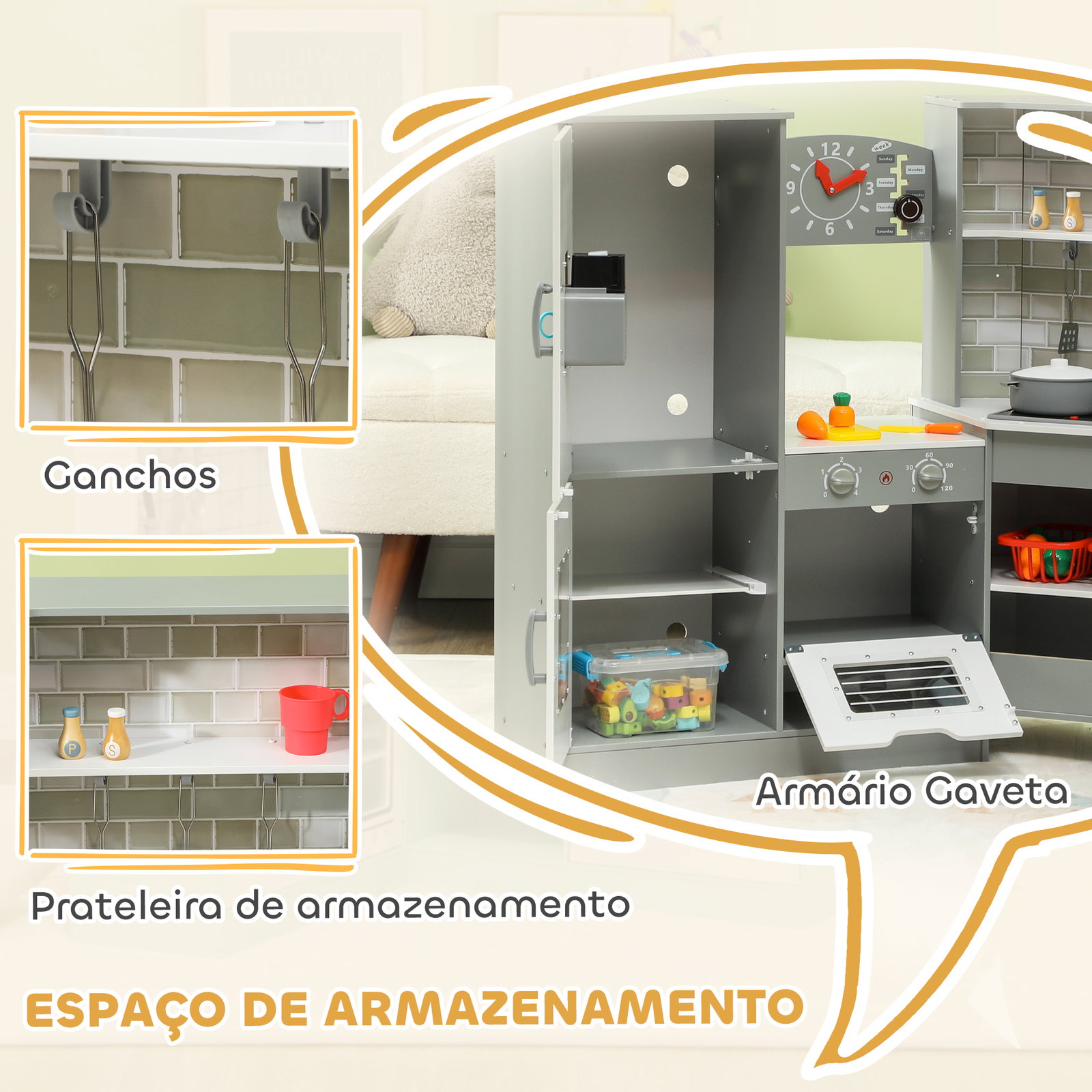 Cozinha de madeira para crianças com sons forno lavatório micro-ondas máquina de gelo e acessórios 110x80x91 cm cinza