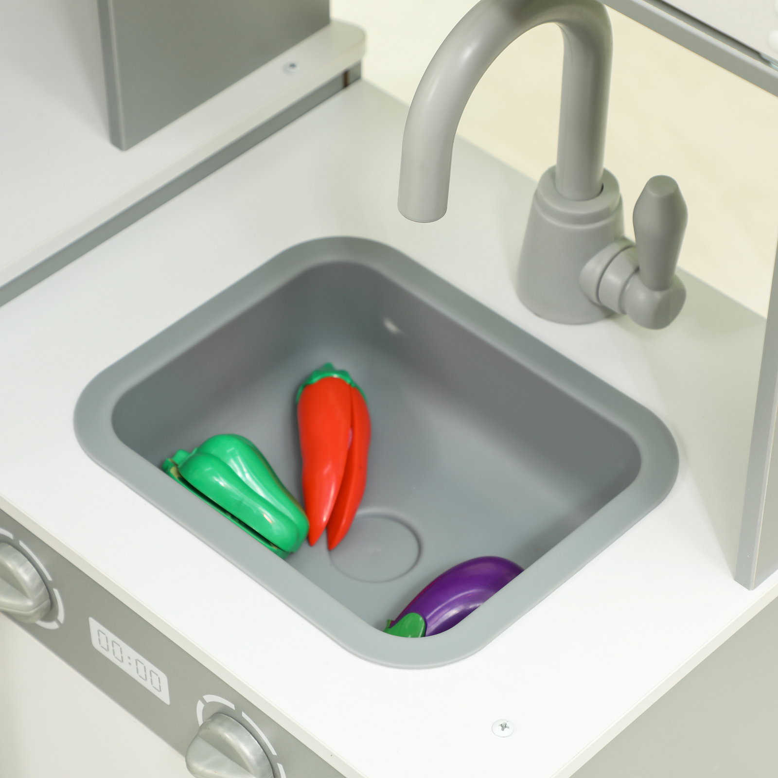 Cozinha de madeira para crianças com sons forno lavatório micro-ondas máquina de gelo e acessórios 110x80x91 cm cinza