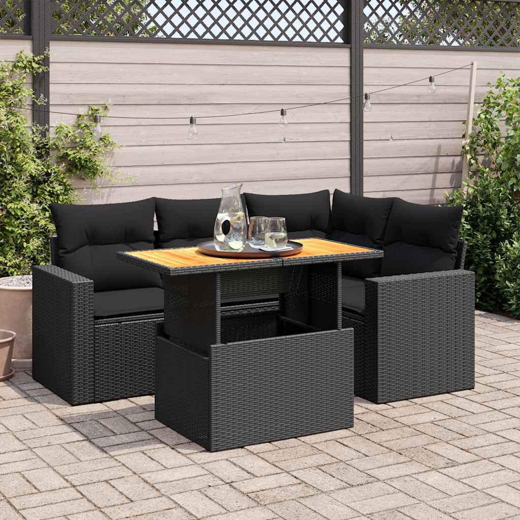 5 Pcs conjunto sofás de jardim com almofadões vime PE preto