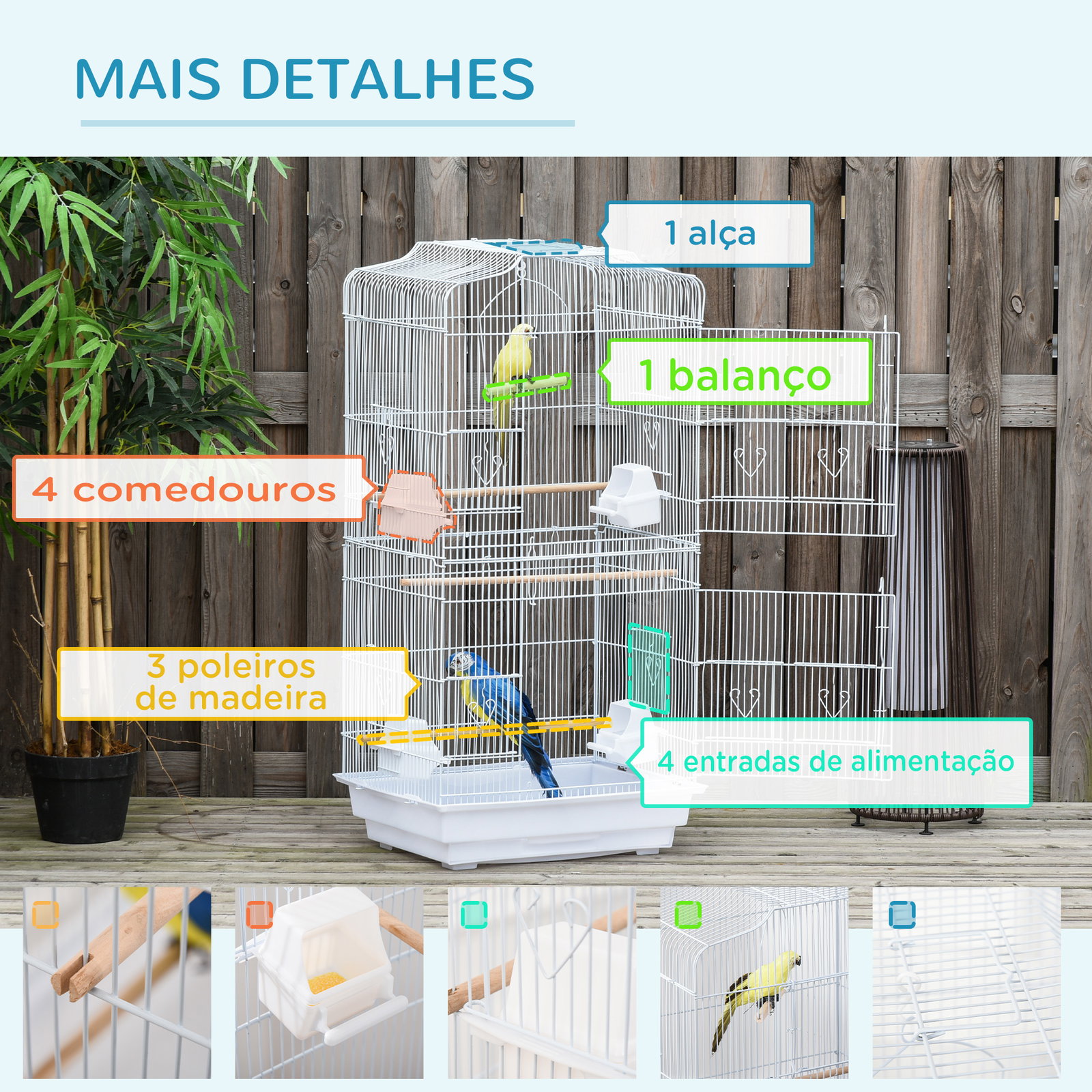 Gaiola para Passáros Gaiola de Metal com Portas 4 Comedouros 3 Poleiros Baloiço Bandeja Removível e Alça de Transporte para Papa