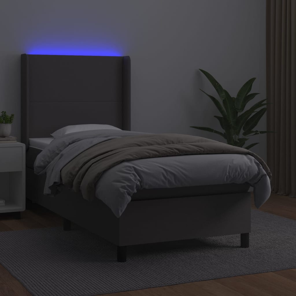 Cama box spring c/ colchão/LED 80x200 cm couro artificial cinza