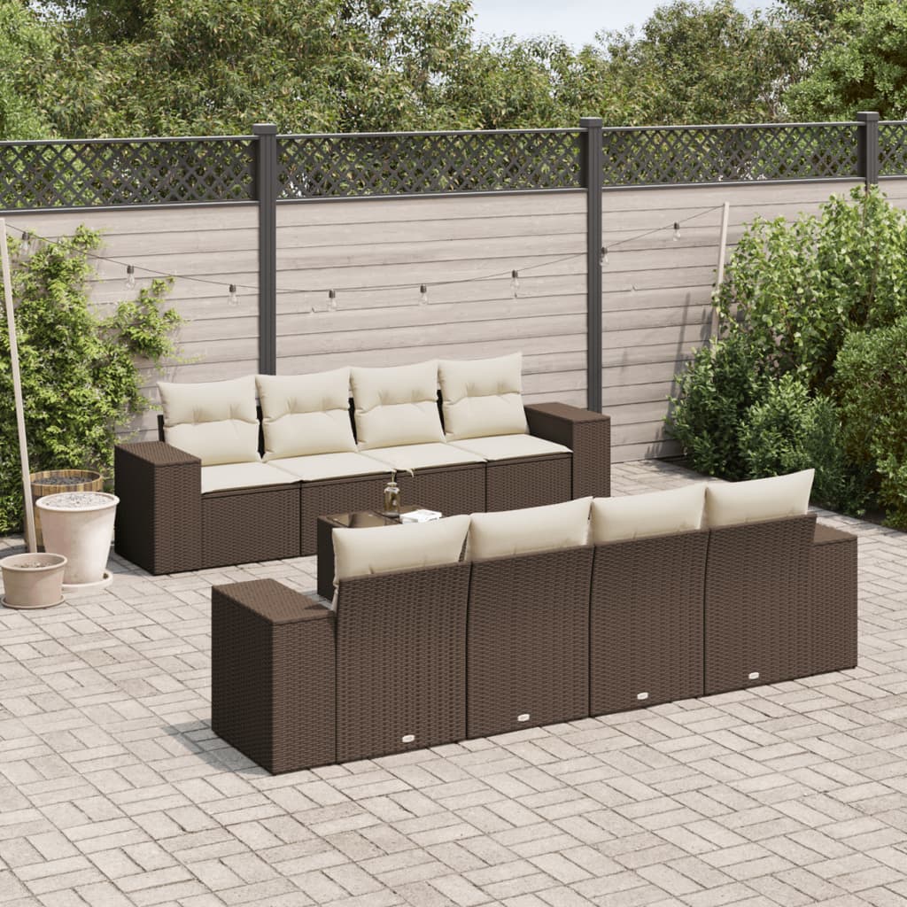 9 Pcs conjunto sofás p/ jardim c/ almofadões vime PE castanho