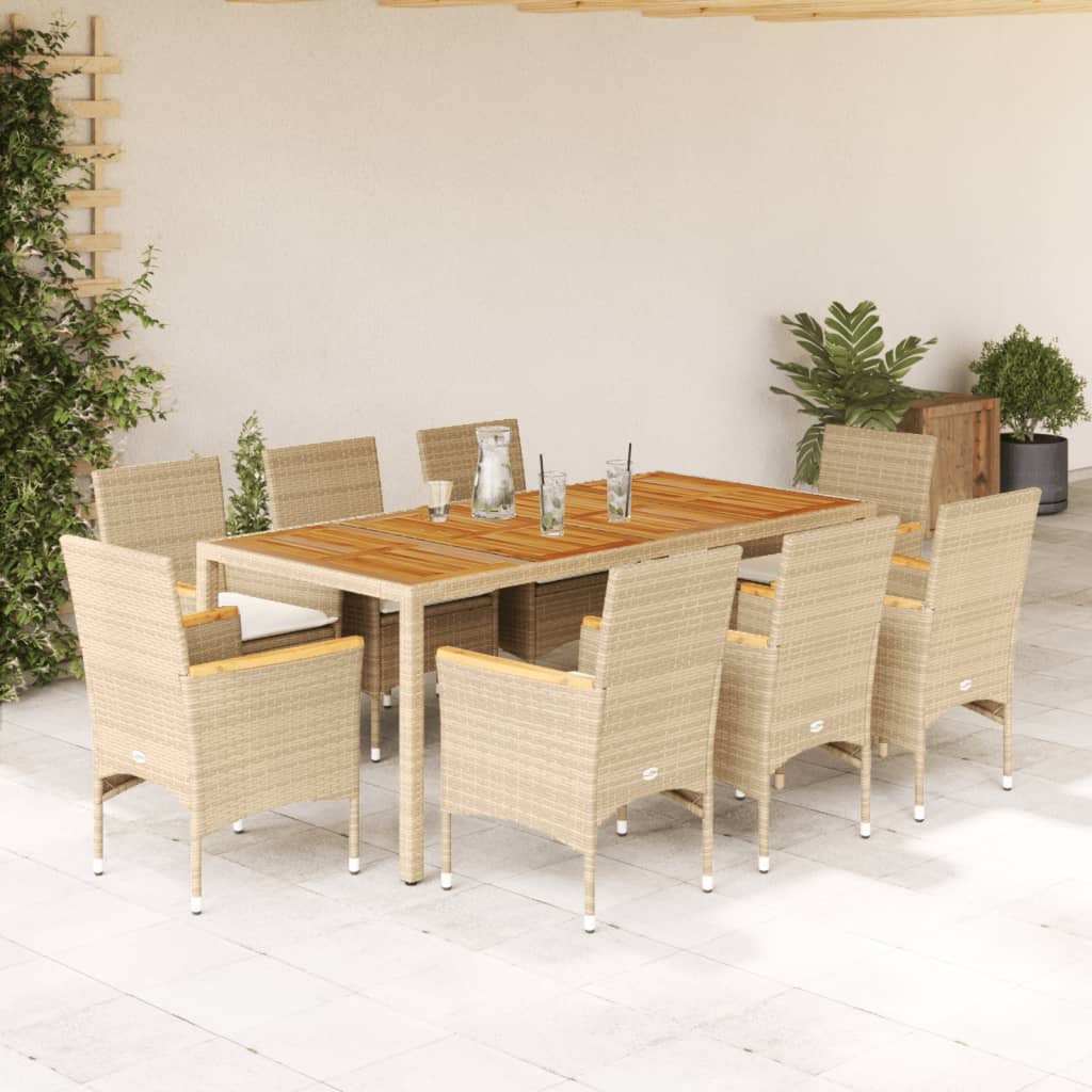 9 Pcs conjunto jantar jardim c/ almofadões vime PE/acácia bege