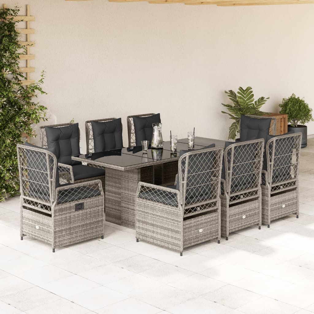9 Pcs conjunto de jantar p/ jardim c/ almofadões vime PE cinza