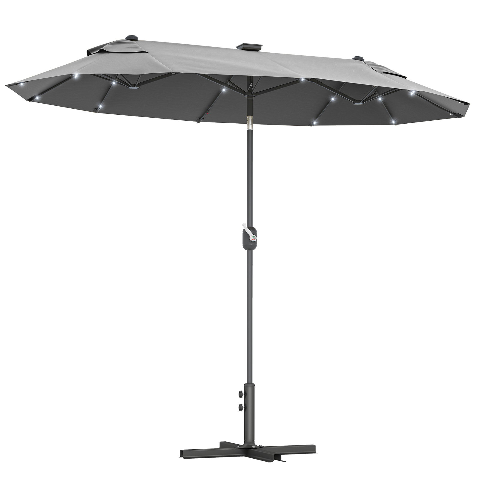 Chapéu de sol duplo 295x150x219 cm com luzes LED solares teto com inclinação ajustável e manivela manual para jardim cinza