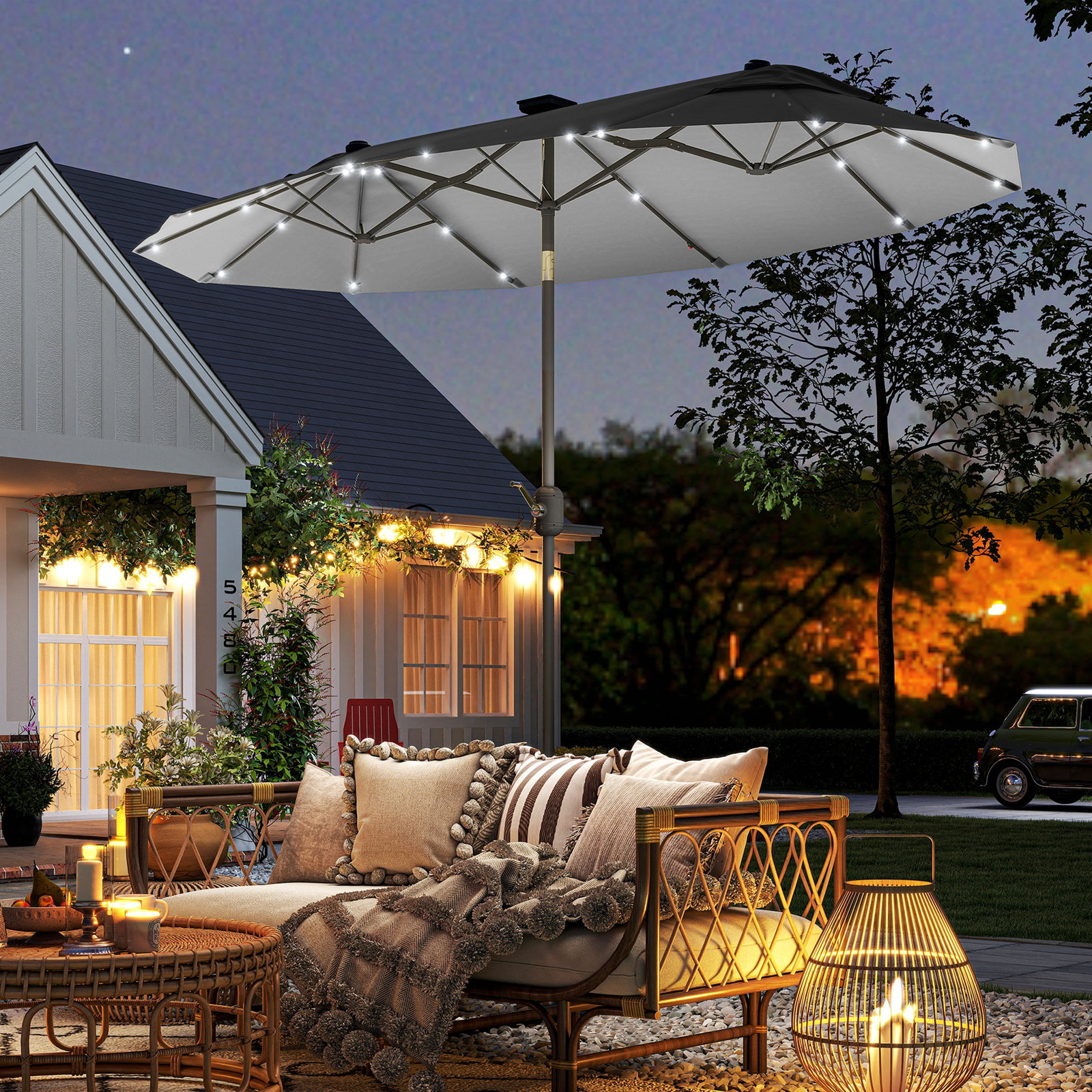 Chapéu de sol duplo 295x150x219 cm com luzes LED solares teto com inclinação ajustável e manivela manual para jardim cinza