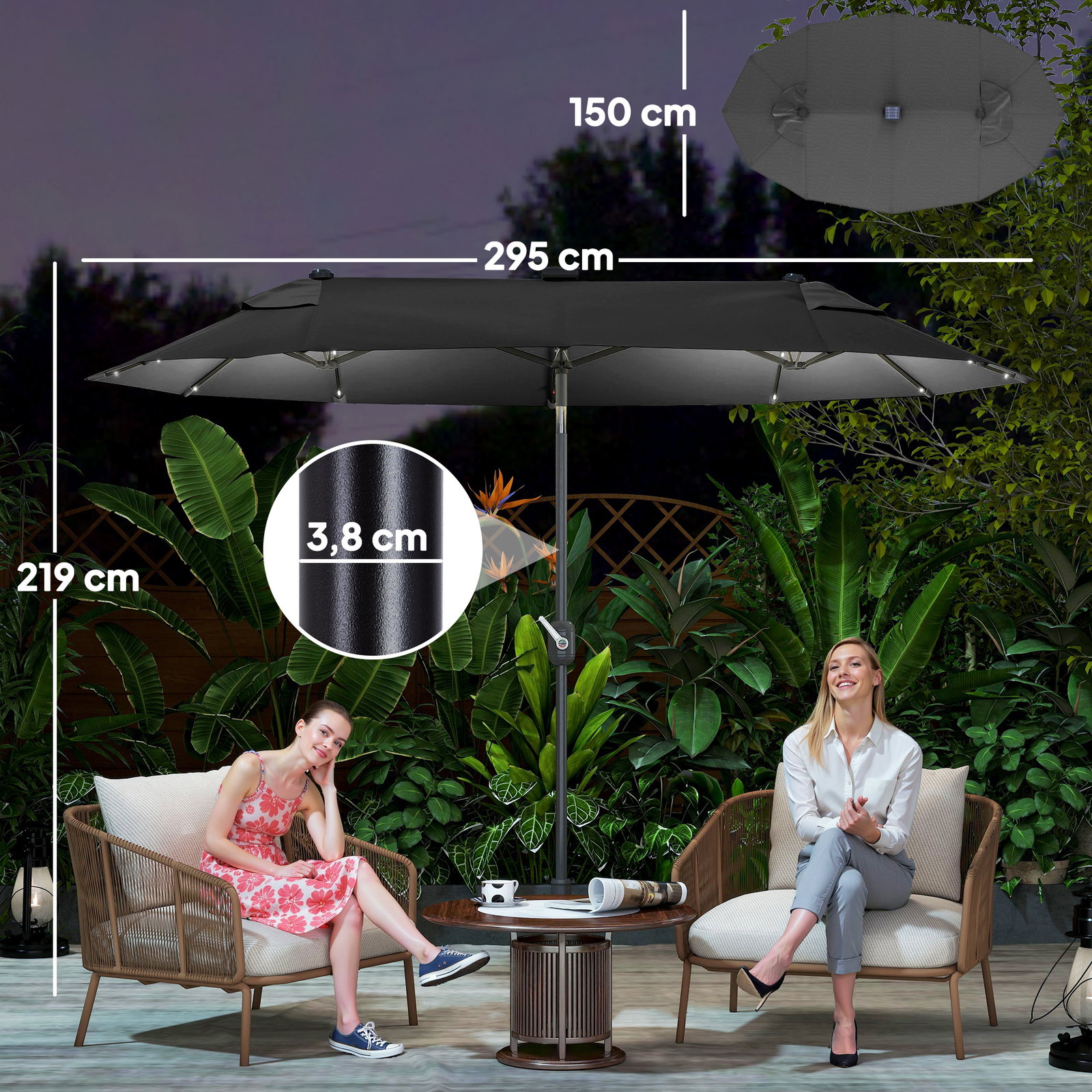 Chapéu de sol duplo 295x150x219 cm com luzes LED solares teto com inclinação ajustável e manivela manual para jardim cinza
