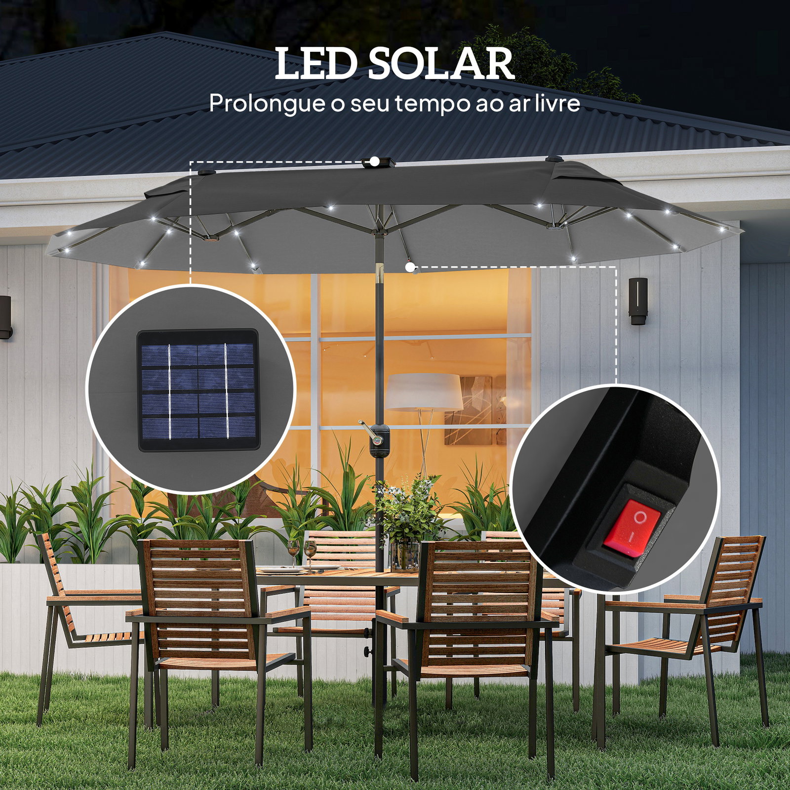 Chapéu de sol duplo 295x150x219 cm com luzes LED solares teto com inclinação ajustável e manivela manual para jardim cinza