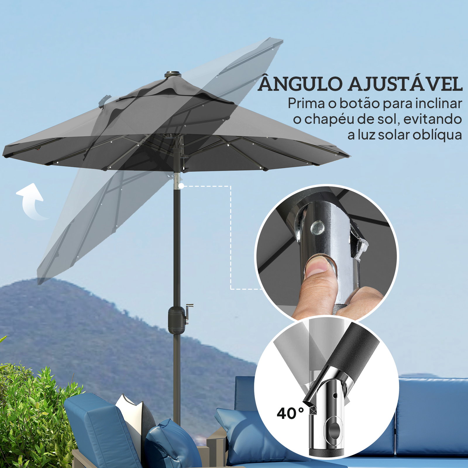 Chapéu de sol duplo 295x150x219 cm com luzes LED solares teto com inclinação ajustável e manivela manual para jardim cinza