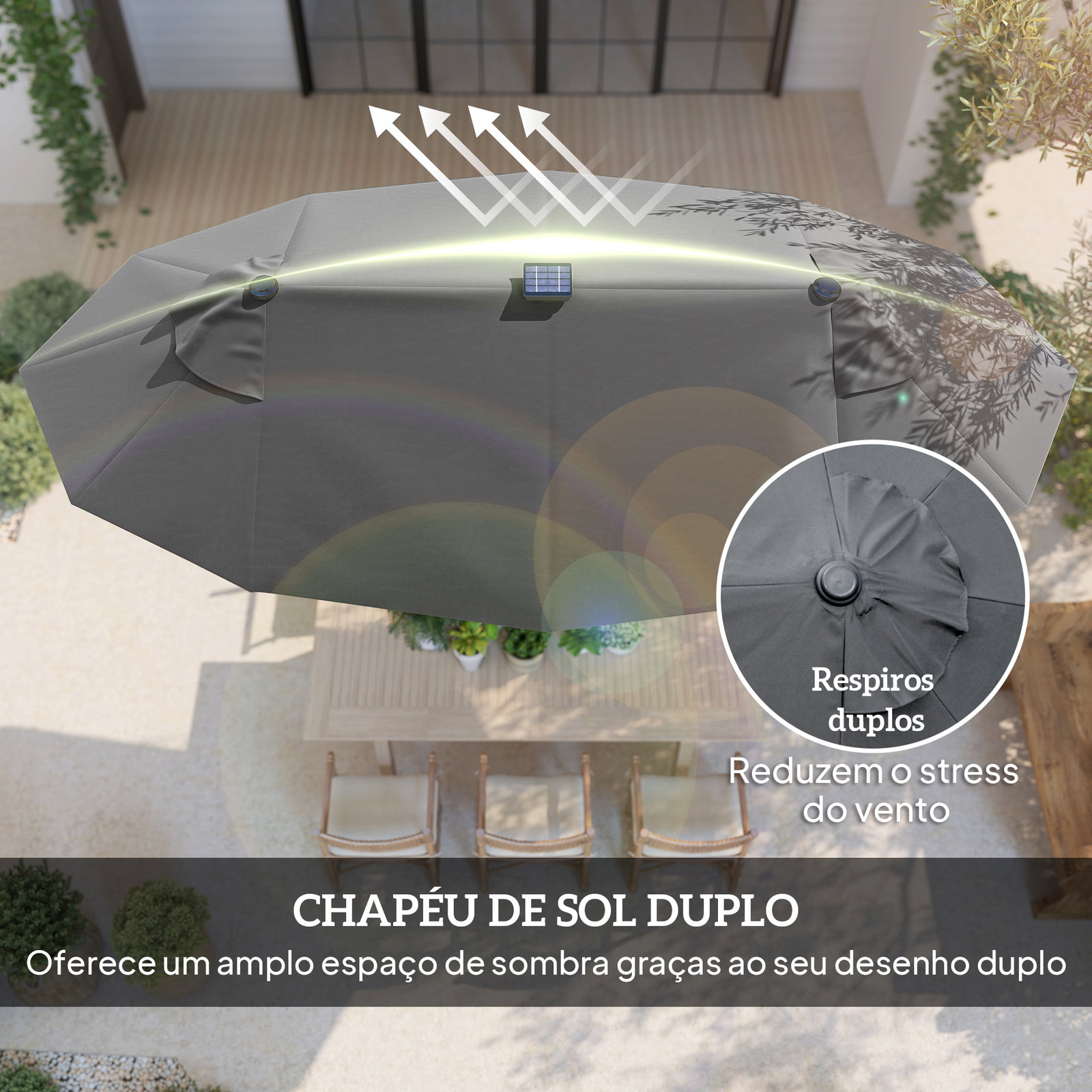 Chapéu de sol duplo 295x150x219 cm com luzes LED solares teto com inclinação ajustável e manivela manual para jardim cinza