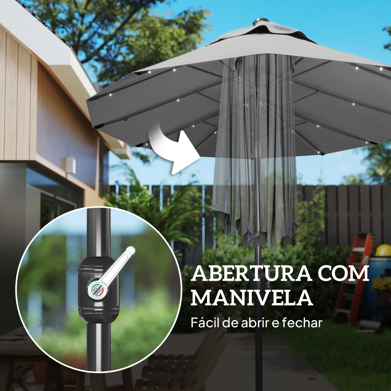 Chapéu de sol duplo 295x150x219 cm com luzes LED solares teto com inclinação ajustável e manivela manual para jardim cinza