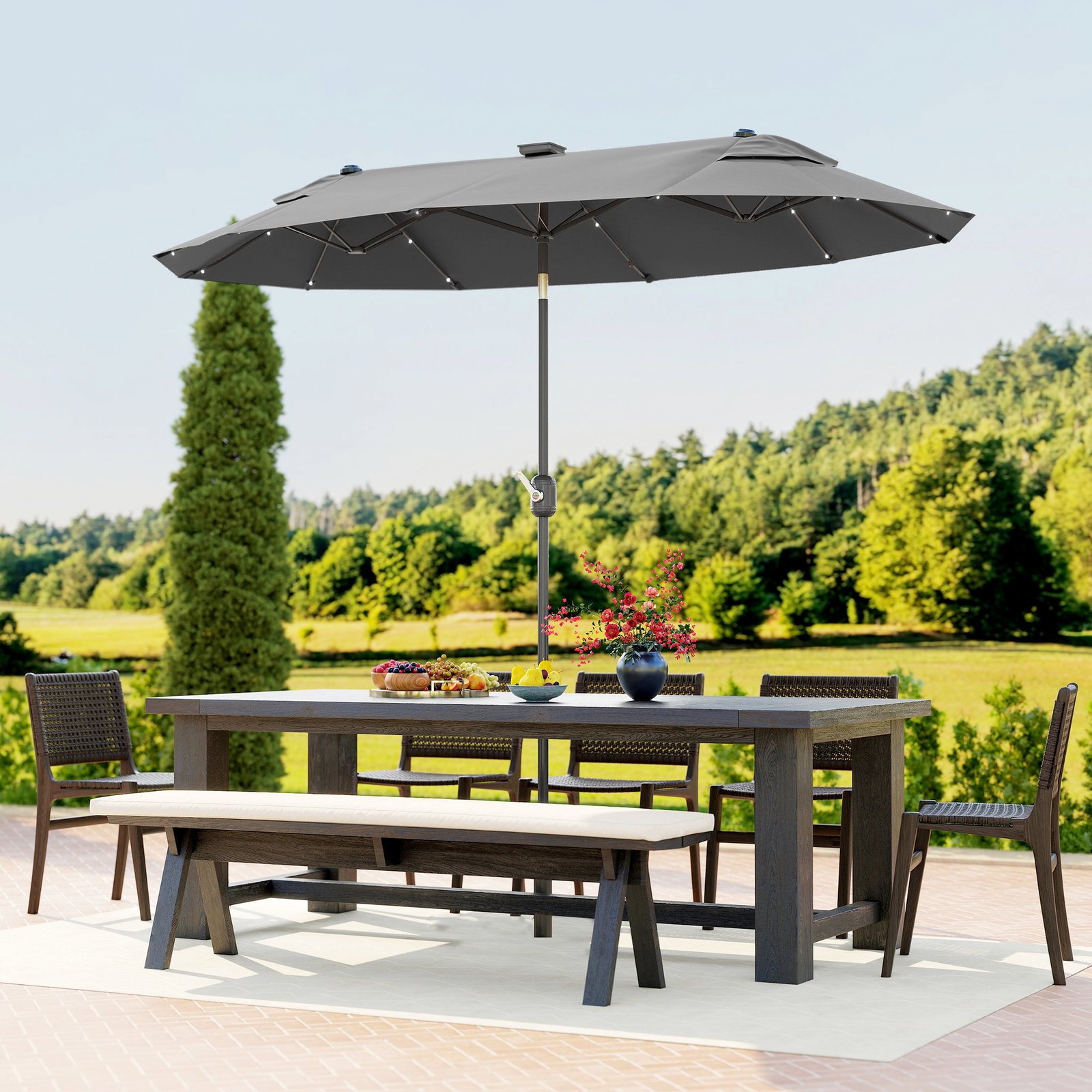 Chapéu de sol duplo 295x150x219 cm com luzes LED solares teto com inclinação ajustável e manivela manual para jardim cinza