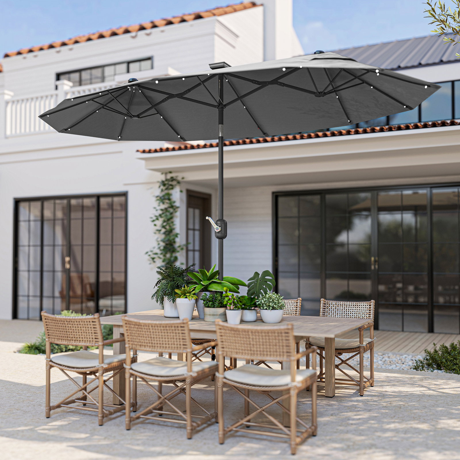 Chapéu de sol duplo 295x150x219 cm com luzes LED solares teto com inclinação ajustável e manivela manual para jardim cinza