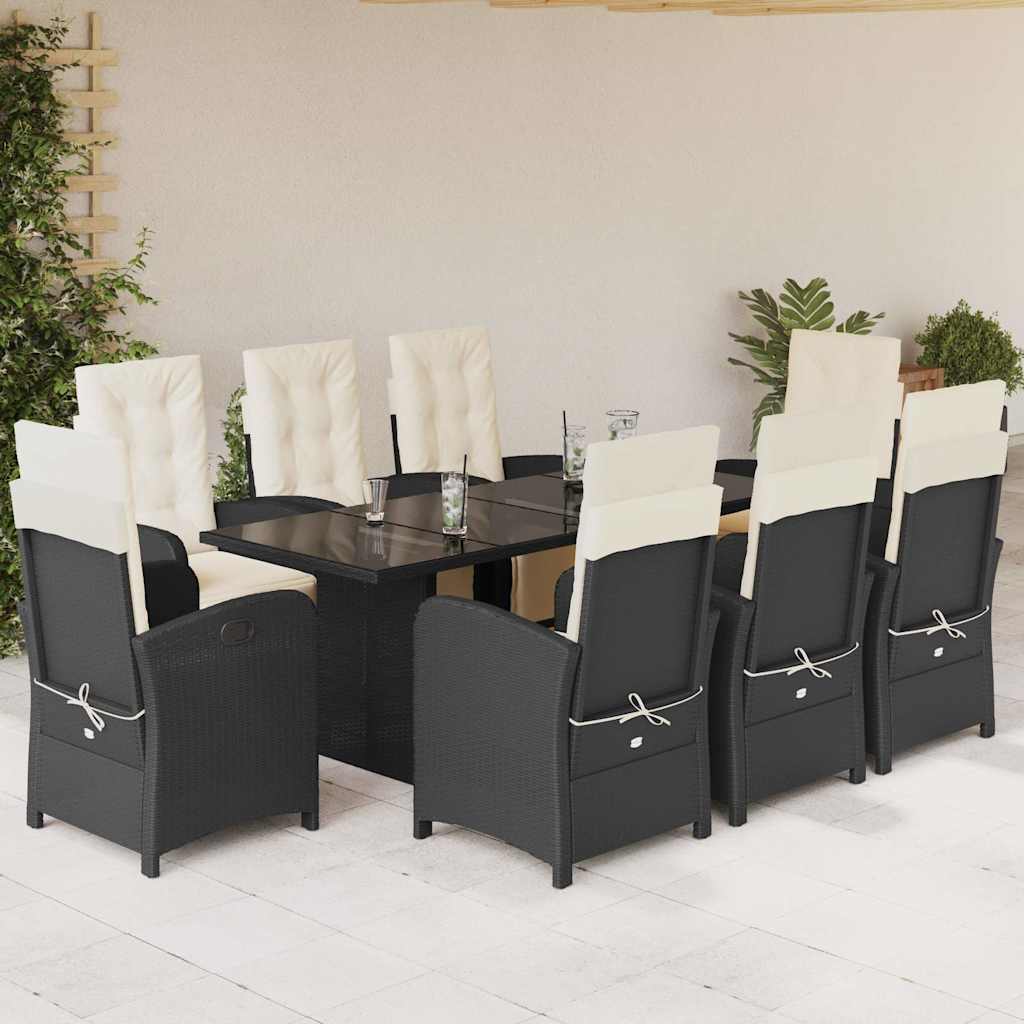 9 Pcs conjunto de jantar p/ jardim c/ almofadões vime PE preto