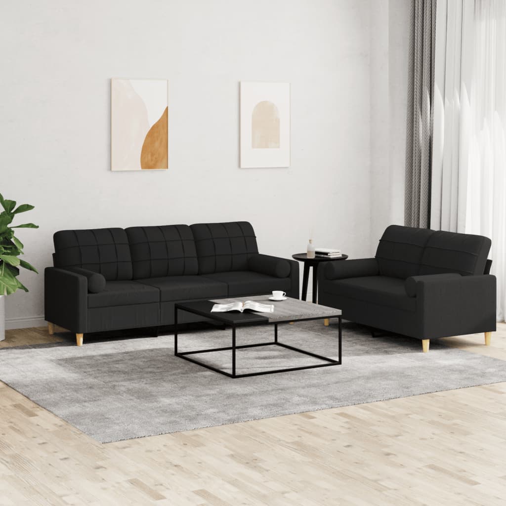 2 Pcs conjunto de sofás com almofadas tecido preto