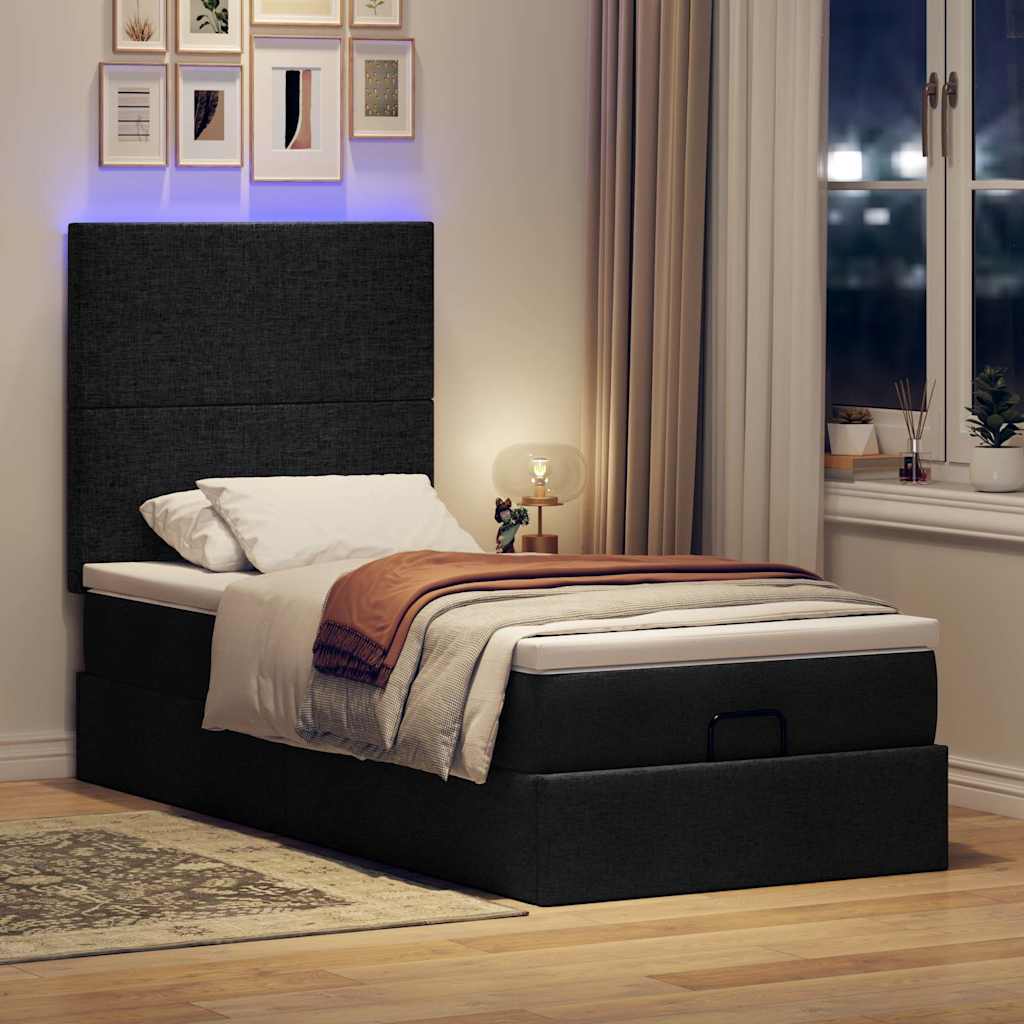 Cama otomana com colchão & leds 80x200cm tecido preto