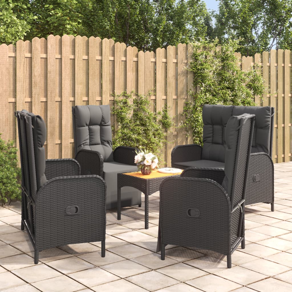 5 Pcs conjunto de jantar p/ jardim c/ almofadões vime PE preto