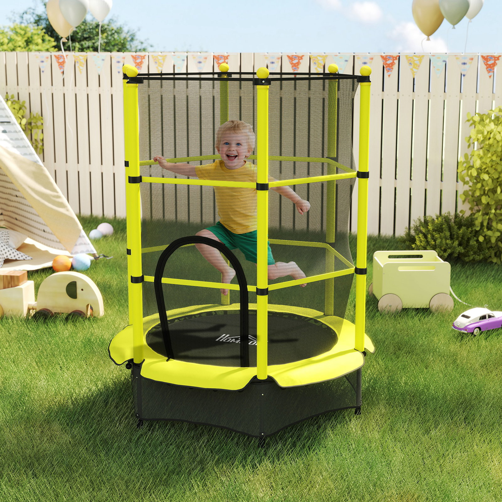 Cama elástica infantil ø140 cm para crianças dos 3-10 anos com rede de segurança, suporta até 50 kg, para interior e exterior, amarelo