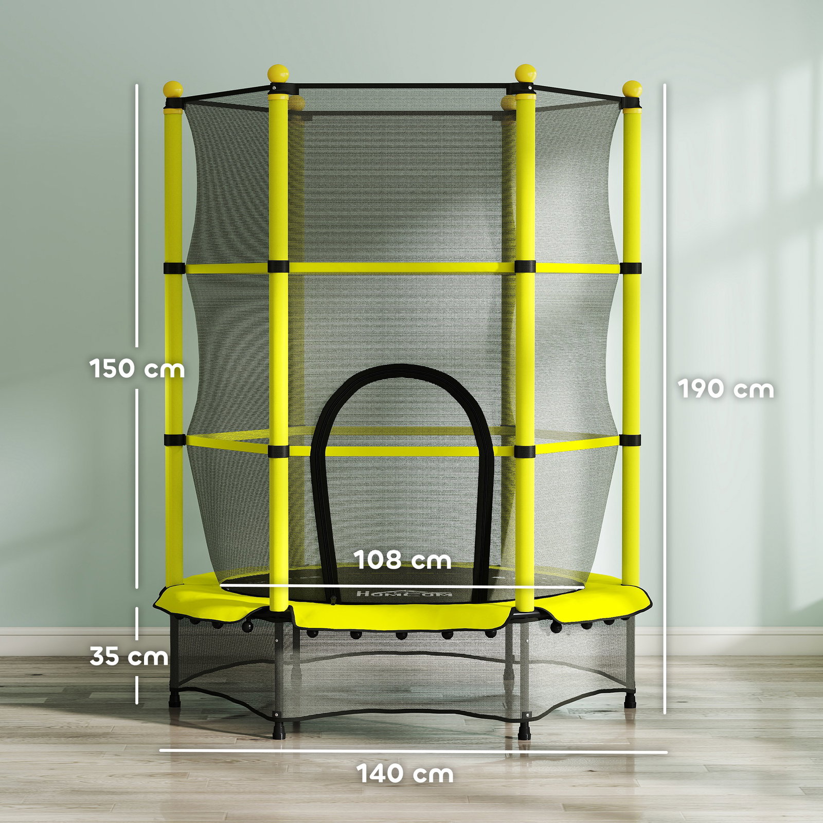 Cama elástica infantil ø140 cm para crianças dos 3-10 anos com rede de segurança, suporta até 50 kg, para interior e exterior, amarelo