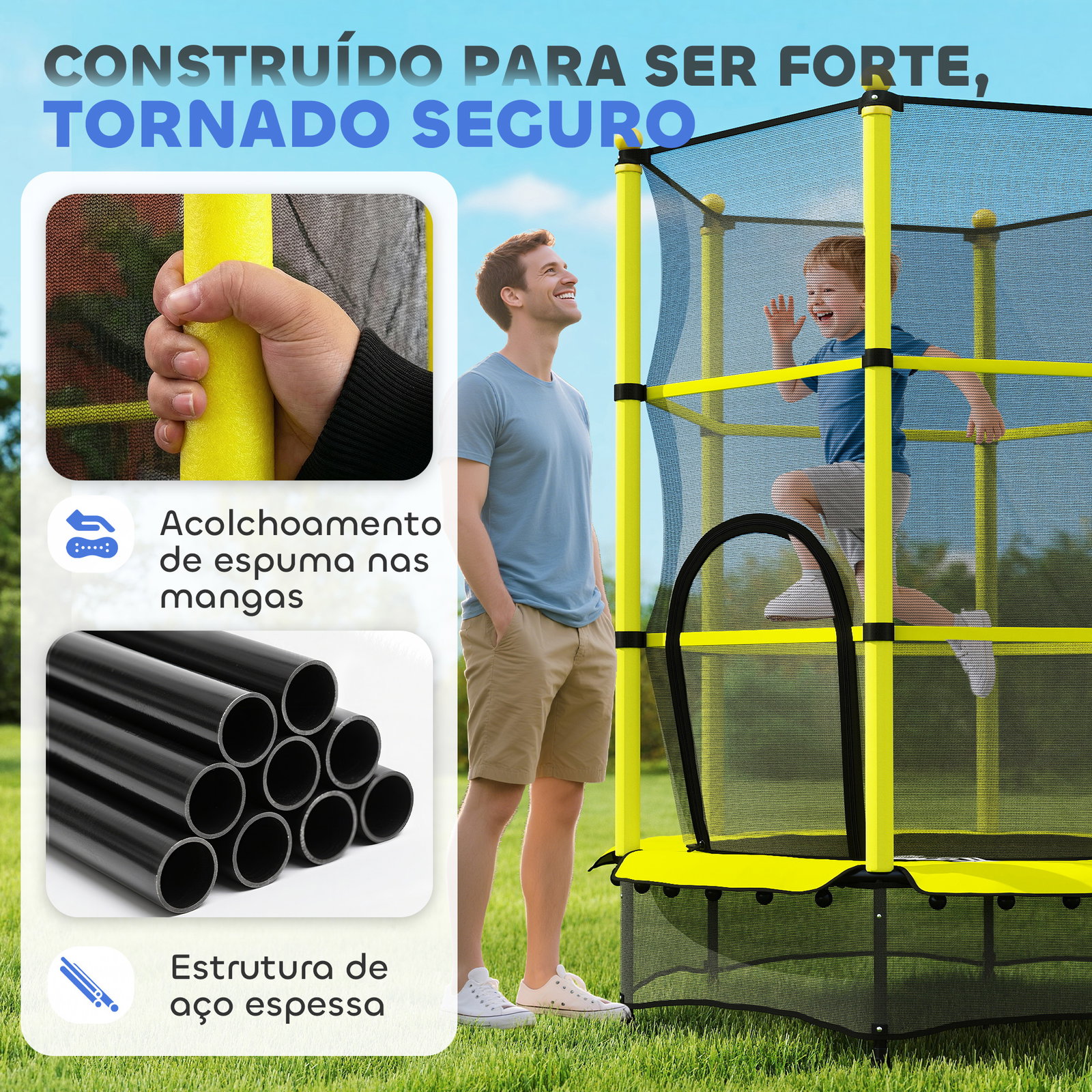 Cama elástica infantil ø140 cm para crianças dos 3-10 anos com rede de segurança, suporta até 50 kg, para interior e exterior, amarelo