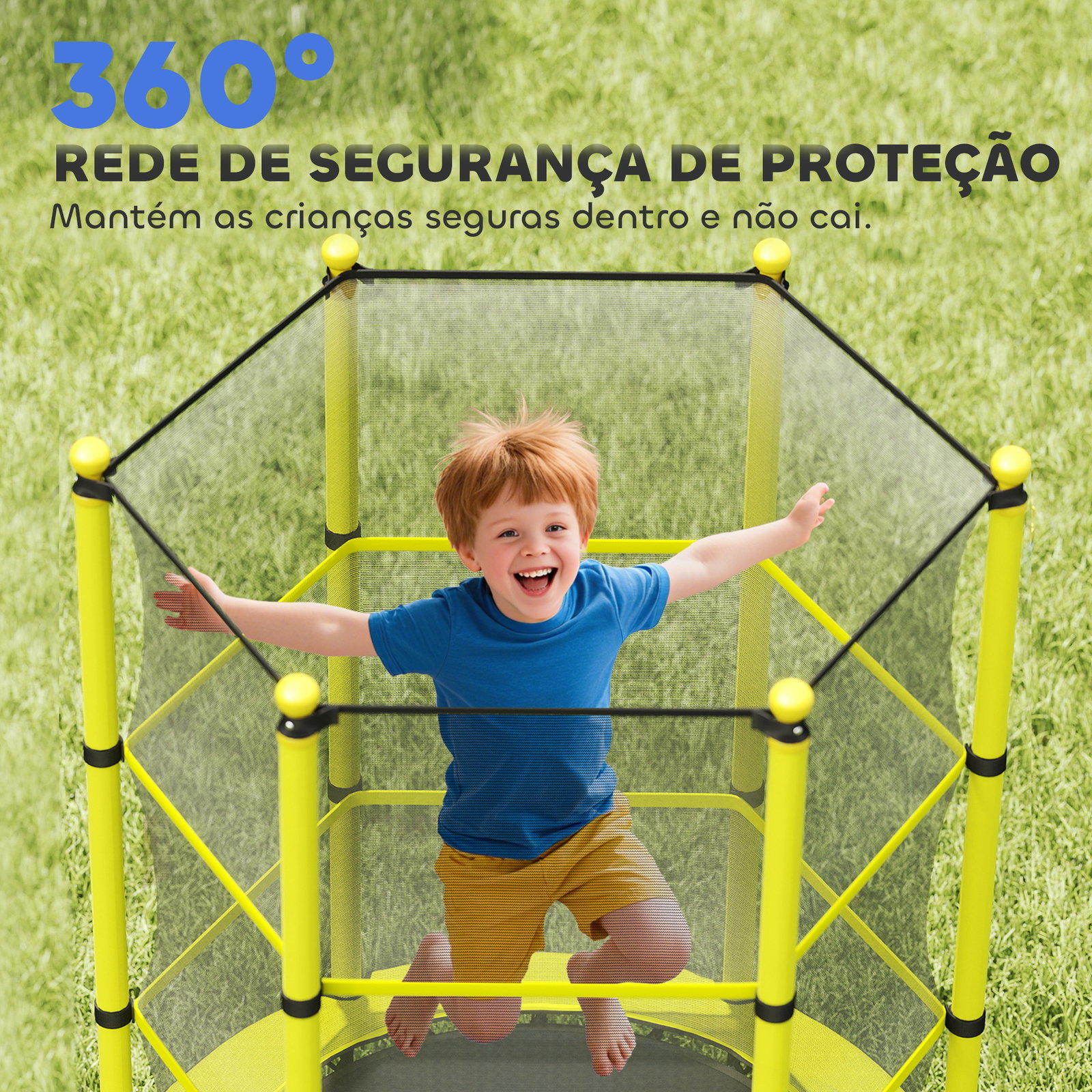 Cama elástica infantil ø140 cm para crianças dos 3-10 anos com rede de segurança, suporta até 50 kg, para interior e exterior, amarelo