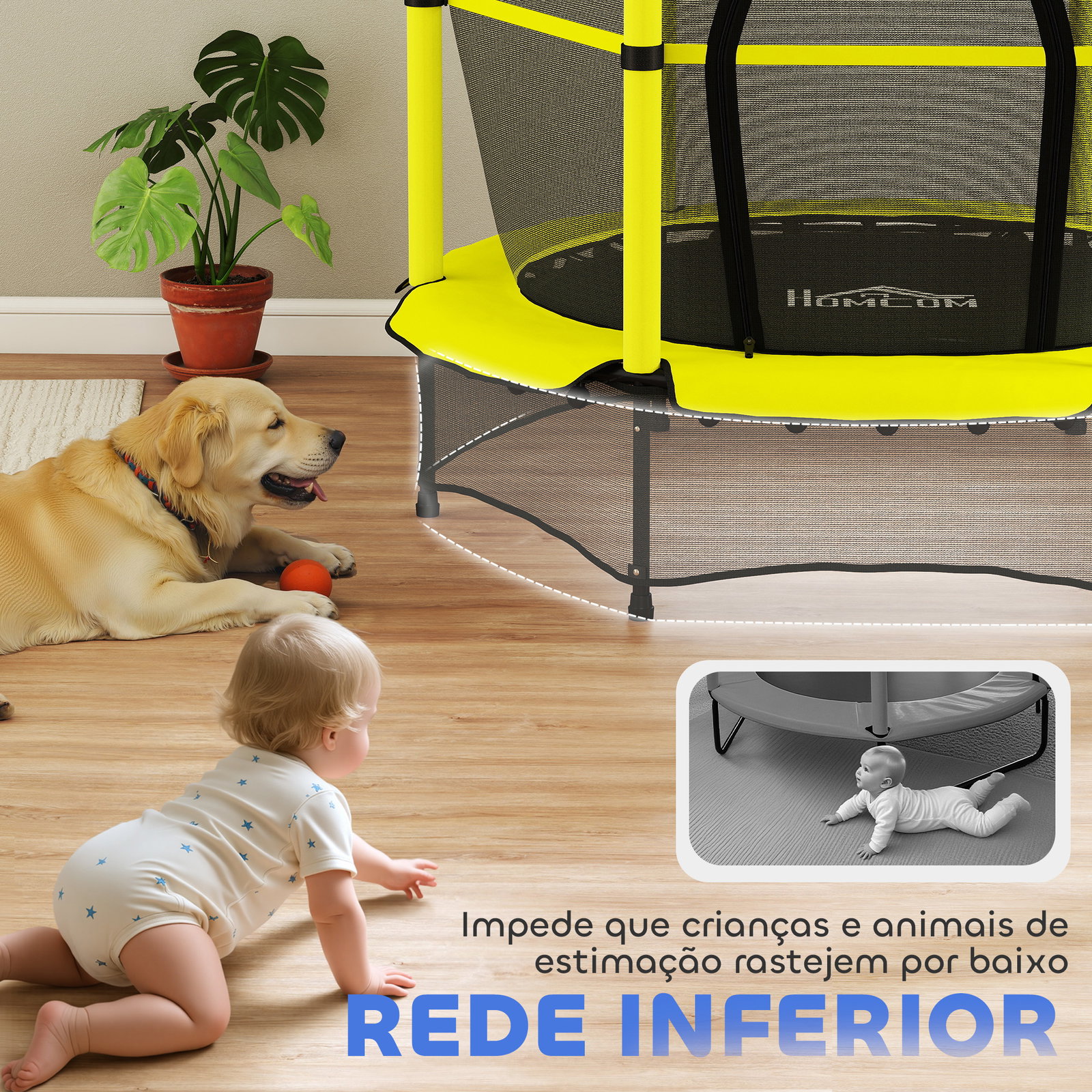 Cama elástica infantil ø140 cm para crianças dos 3-10 anos com rede de segurança, suporta até 50 kg, para interior e exterior, amarelo