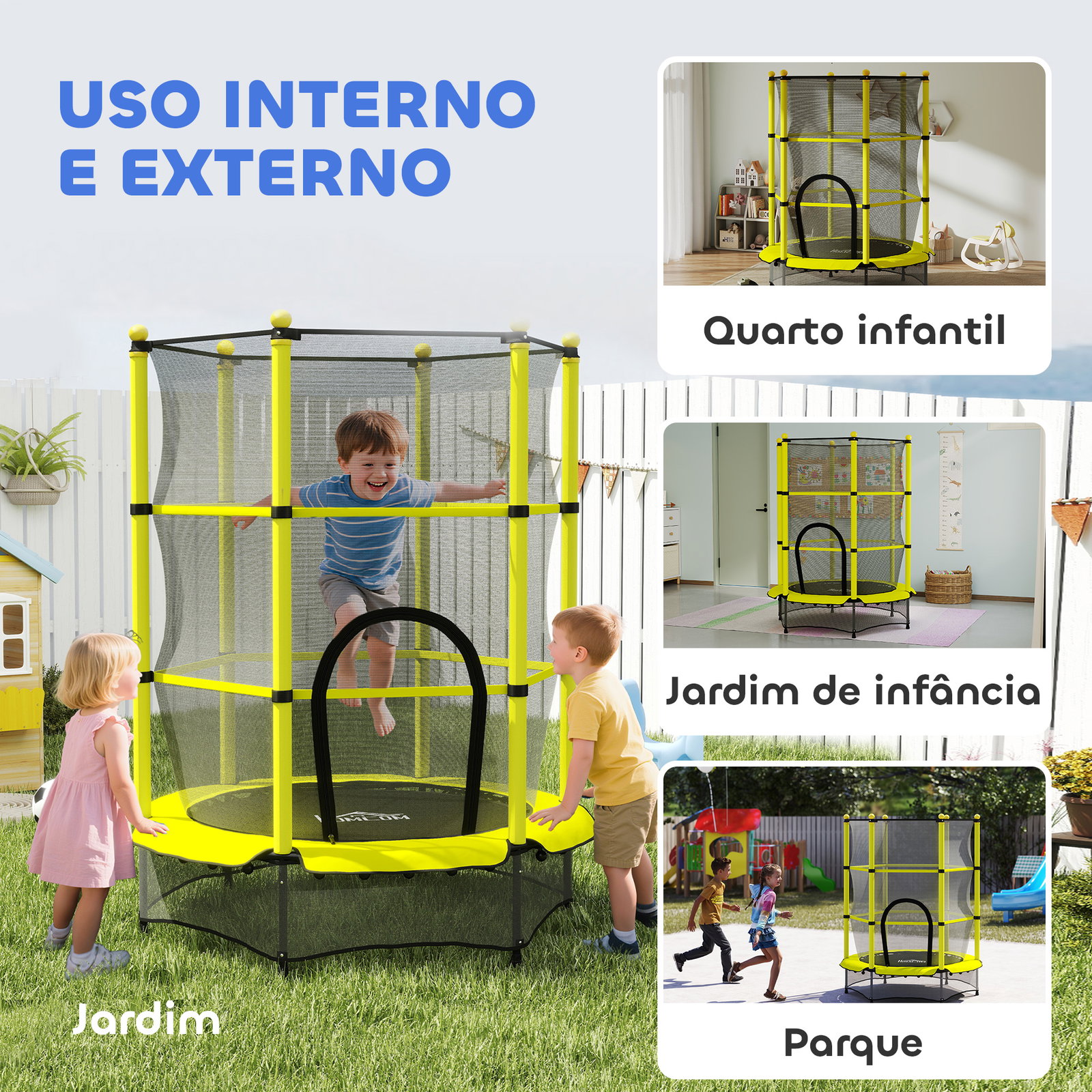 Cama elástica infantil ø140 cm para crianças dos 3-10 anos com rede de segurança, suporta até 50 kg, para interior e exterior, amarelo