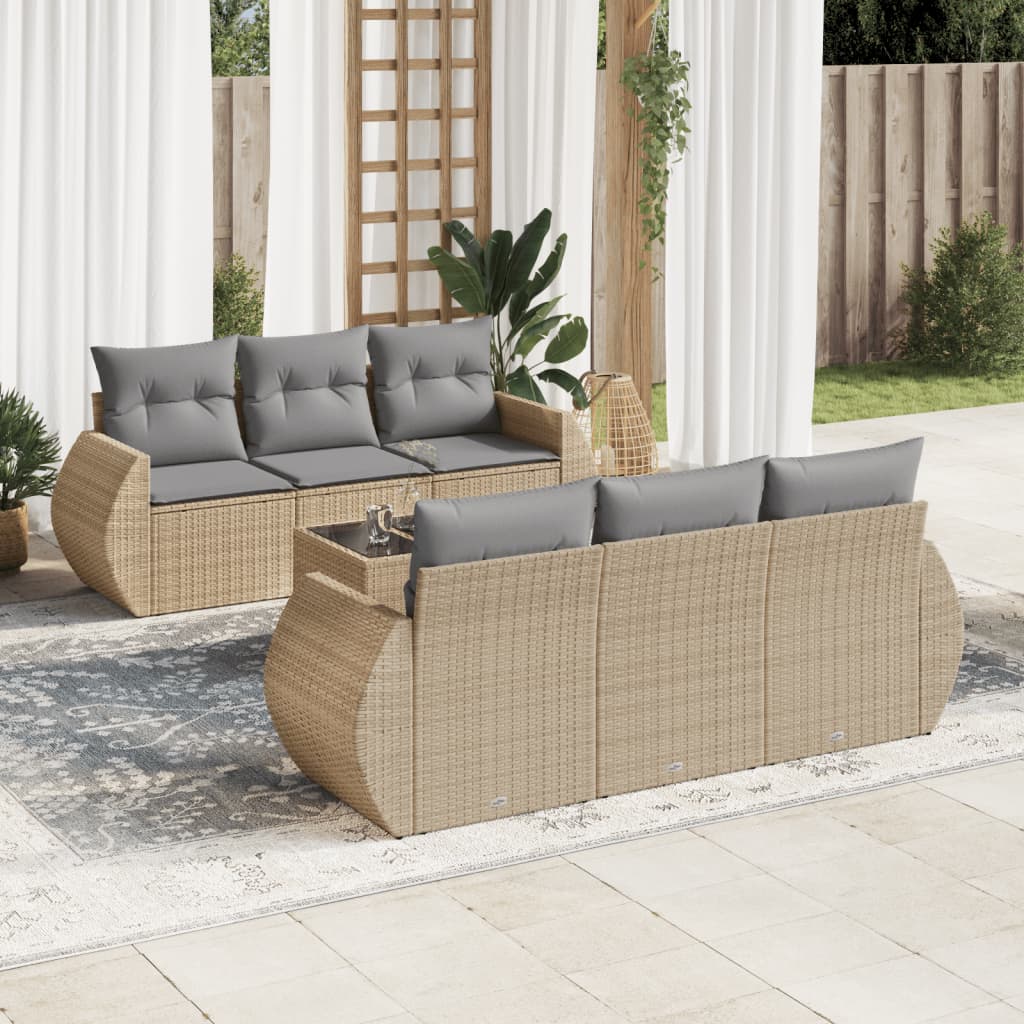 7 Pcs conjunto de sofás p/ jardim com almofadões vime PE bege