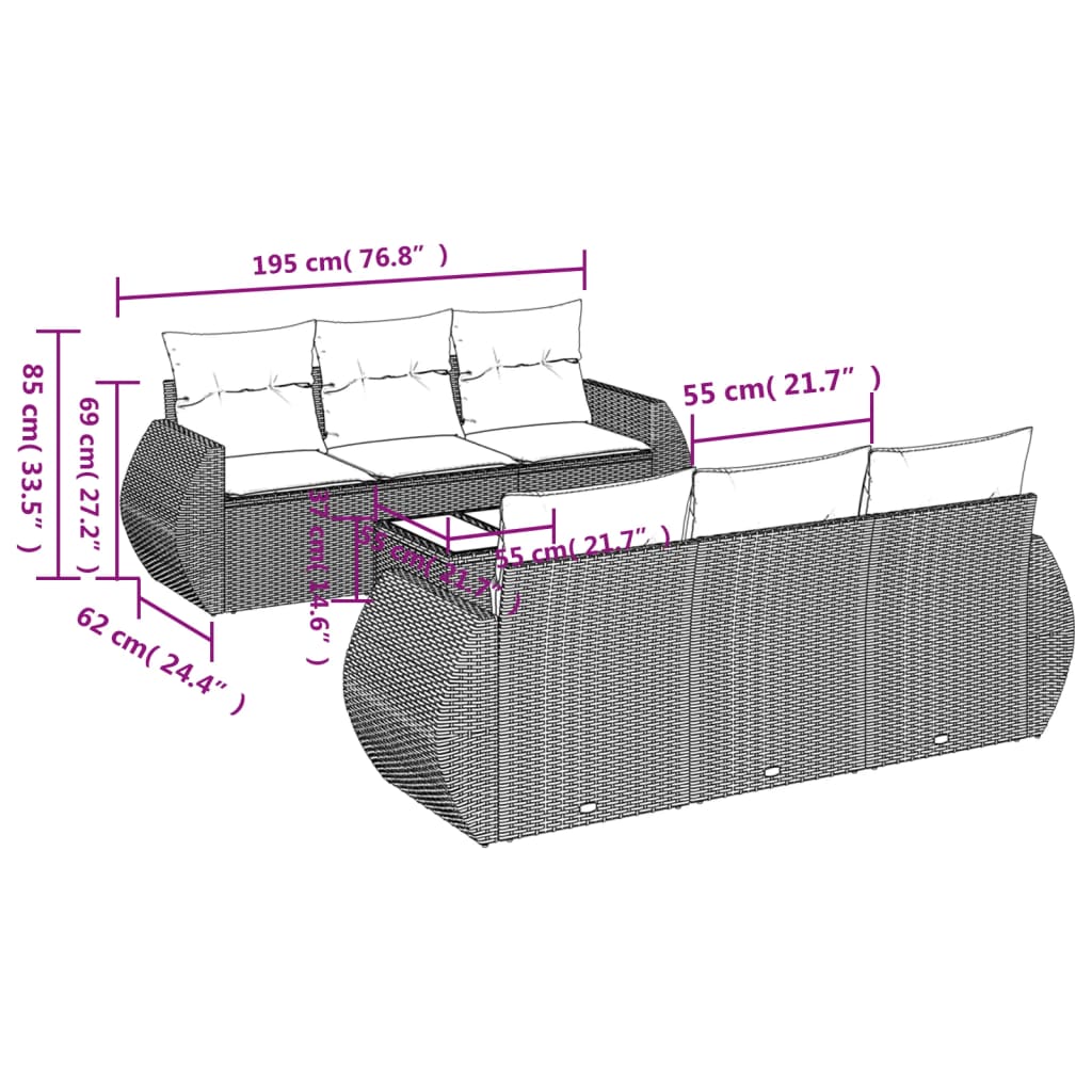 7 Pcs conjunto de sofás p/ jardim com almofadões vime PE bege