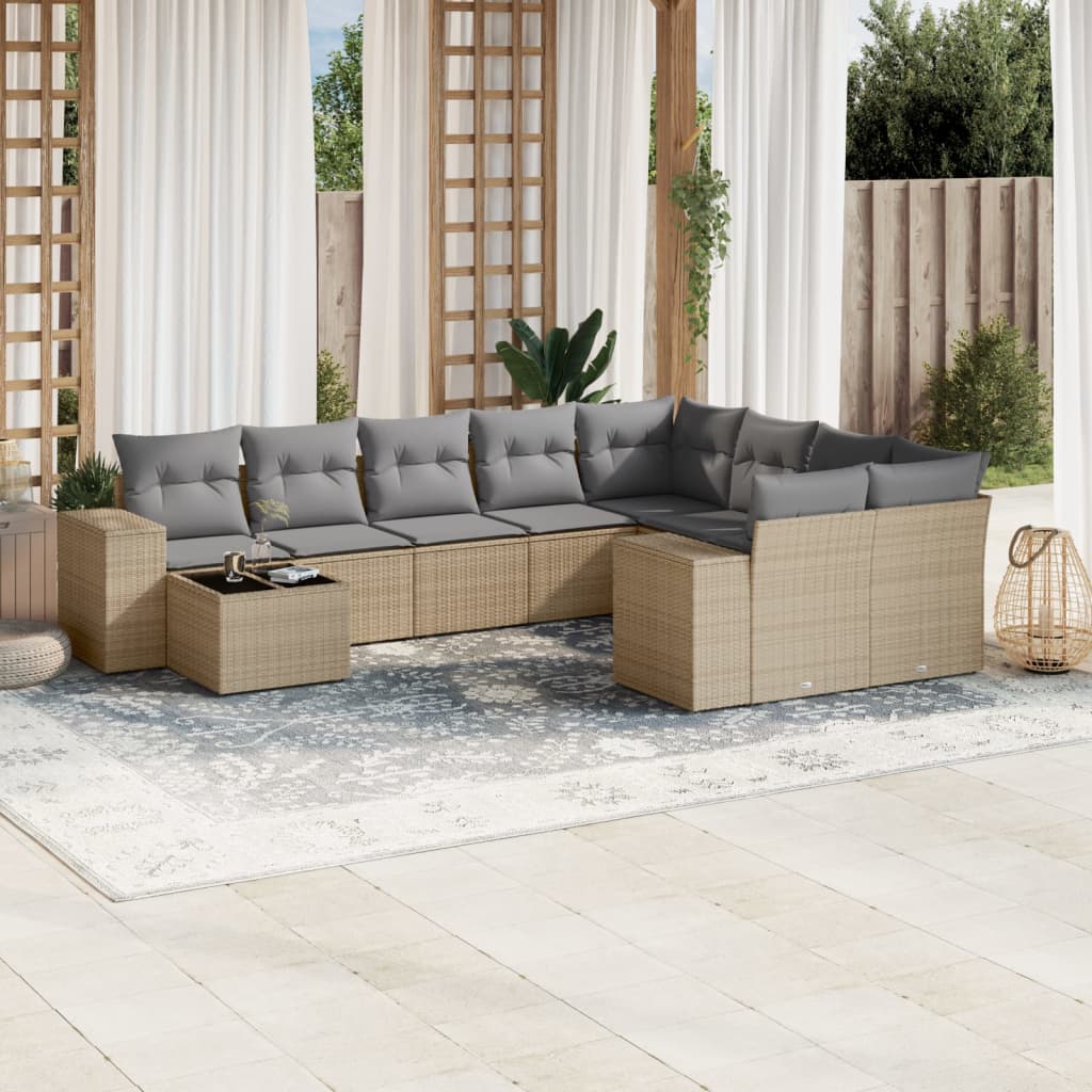 10 Pcs conjunto de sofás p/ jardim com almofadões vime PE bege