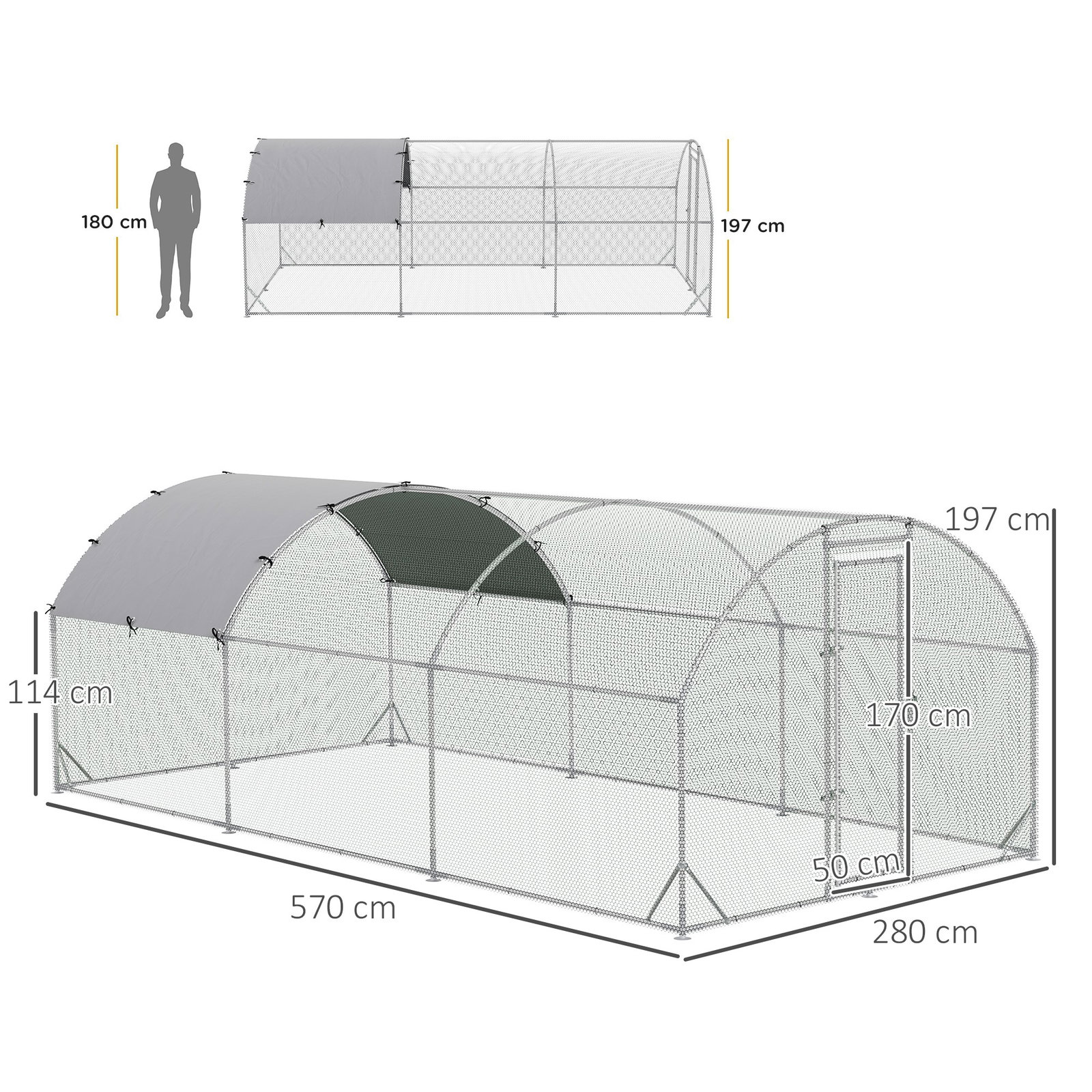 Galinheiro para exterior grande com teto de tecido oxford e fechadura para 12-18 galinhas 5,7x2,8x1,97cm prata