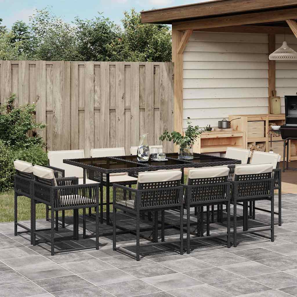 11 Pcs conjunto de jantar p/ jardim c/ almofadões vime PE preto