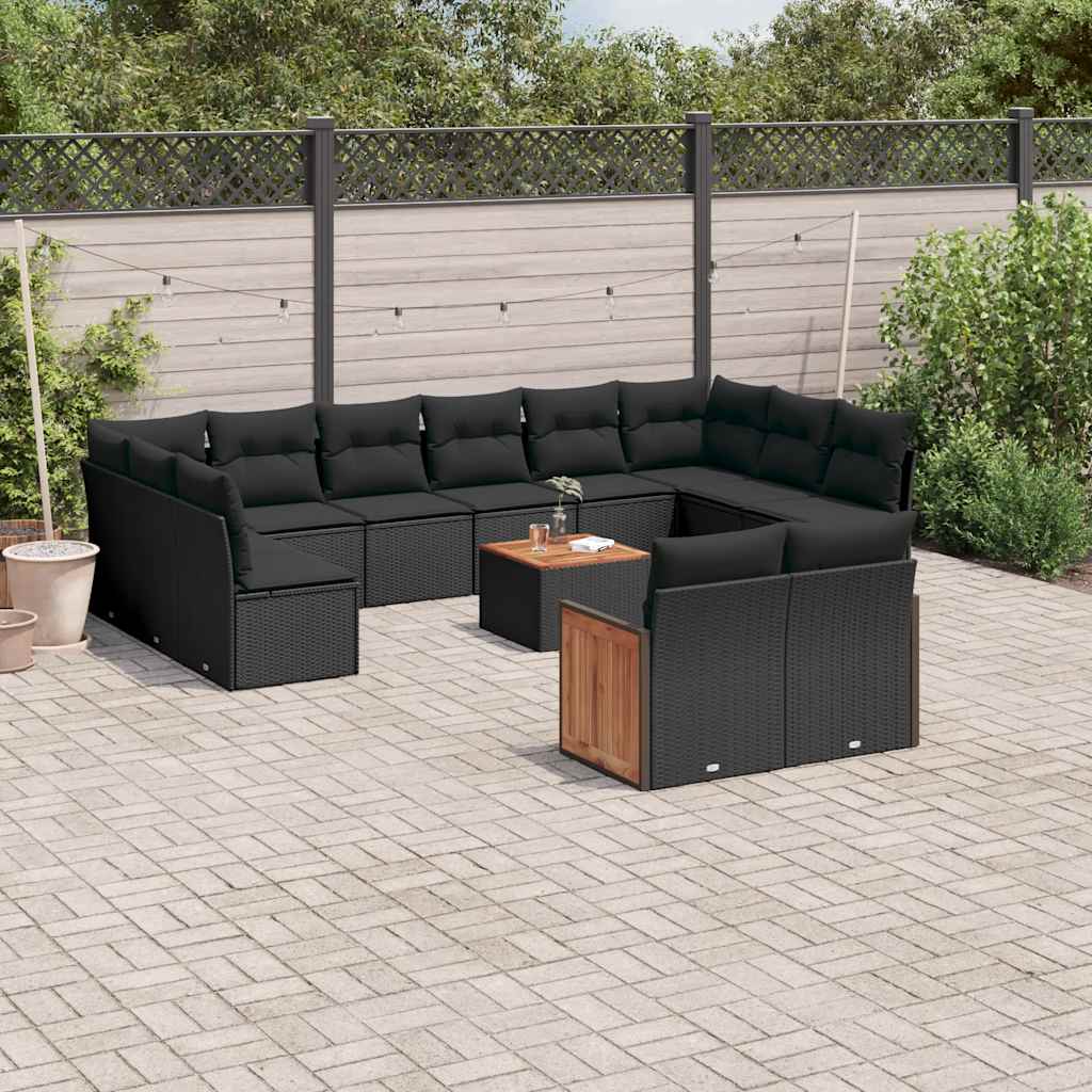 13 Pcs conjunto de sofás de jardim com almofadões vime PE preto