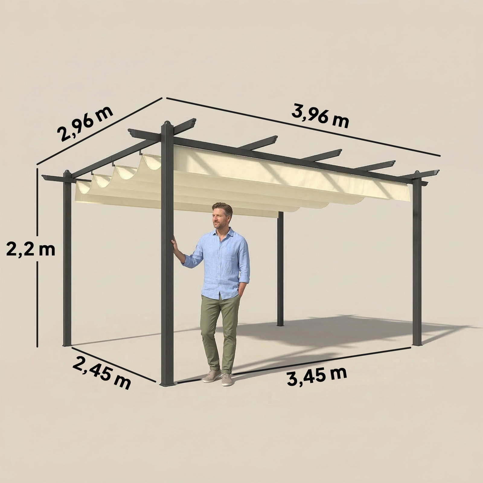 Pérgola de jardim 4x3 m com telhado retrátil estrutura de alumínio upf30+ orifícios de drenagem pérgola de exterior creme