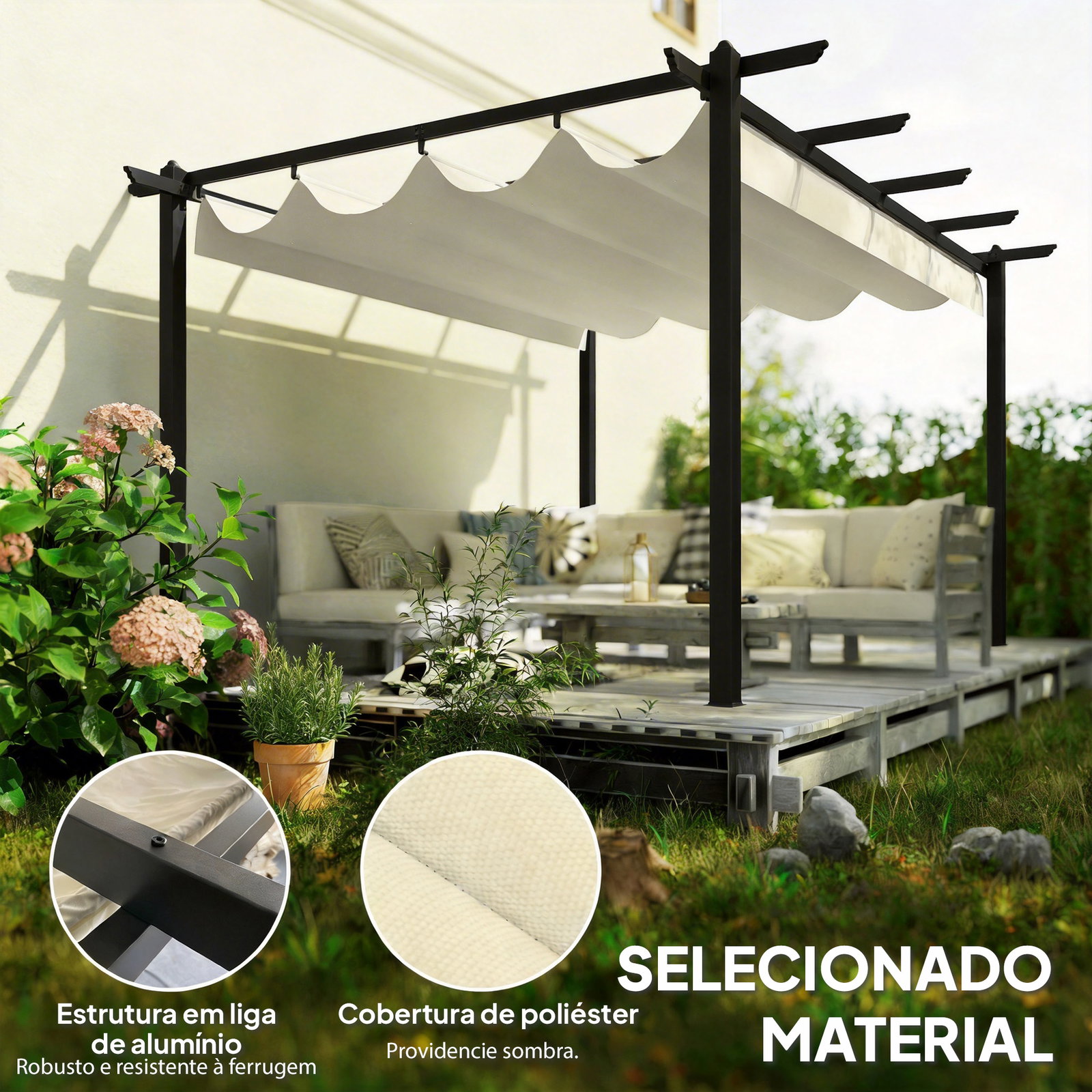 Pérgola de jardim 4x3 m com telhado retrátil estrutura de alumínio upf30+ orifícios de drenagem pérgola de exterior creme