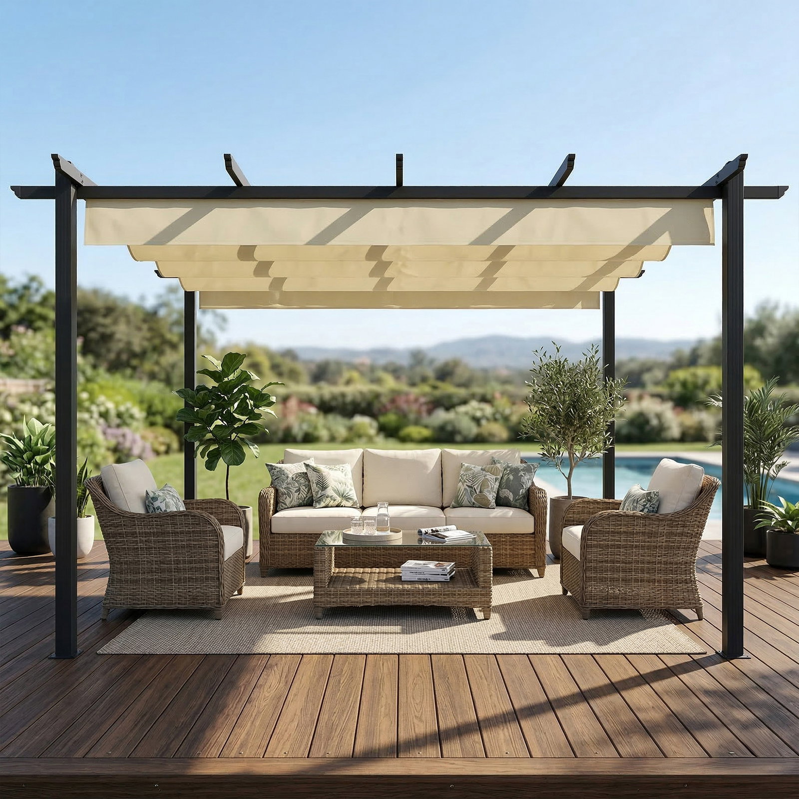Pérgola de jardim 4x3 m com telhado retrátil estrutura de alumínio upf30+ orifícios de drenagem pérgola de exterior creme
